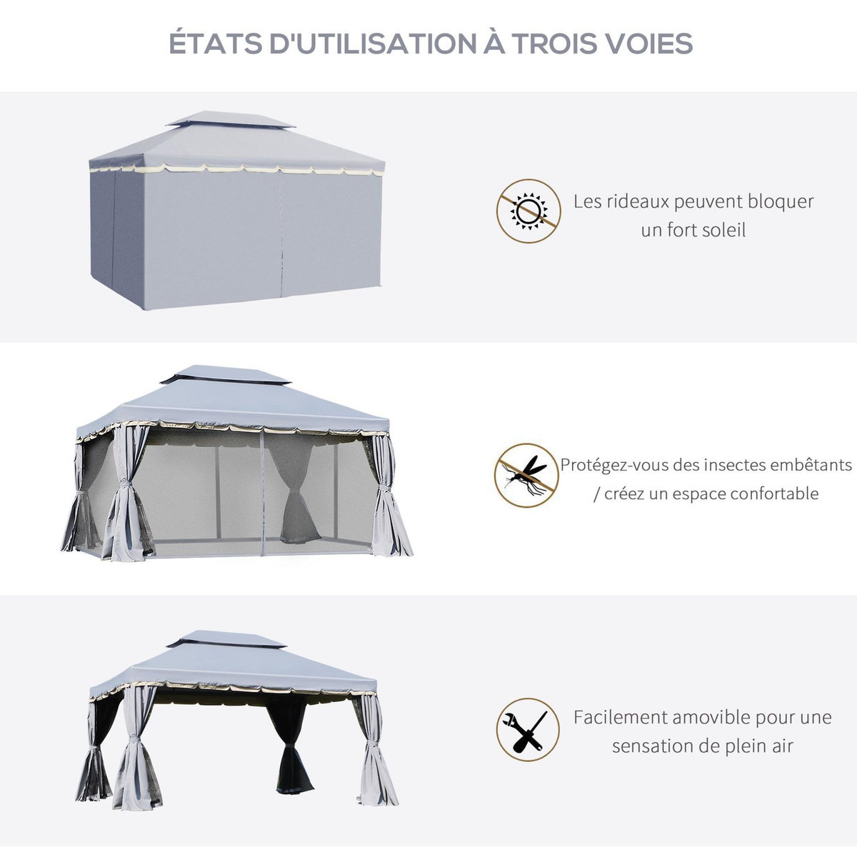 OUTSUNNY Tonnelle barnum pavillon de jardin style colonial double toit toile moustiquaires et toiles amovibles 3,9L x 2,9l x 2,8H m gris