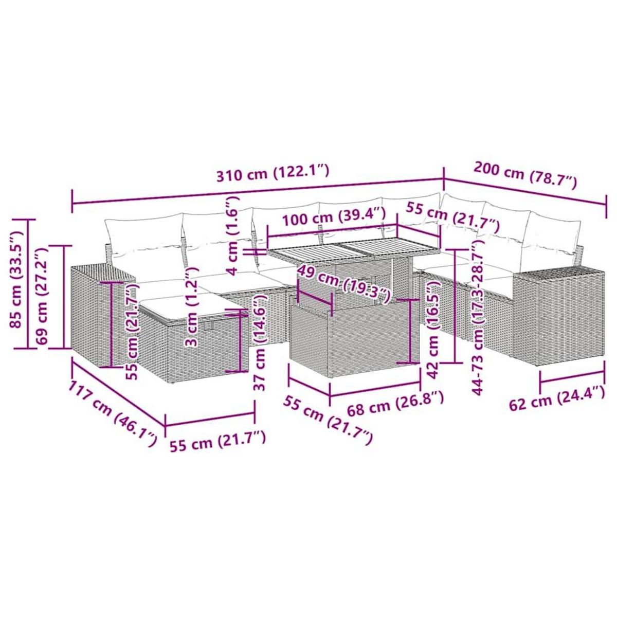 VIDAXL Salon de jardin avec coussins 9 pcs beige resine tressee acacia
