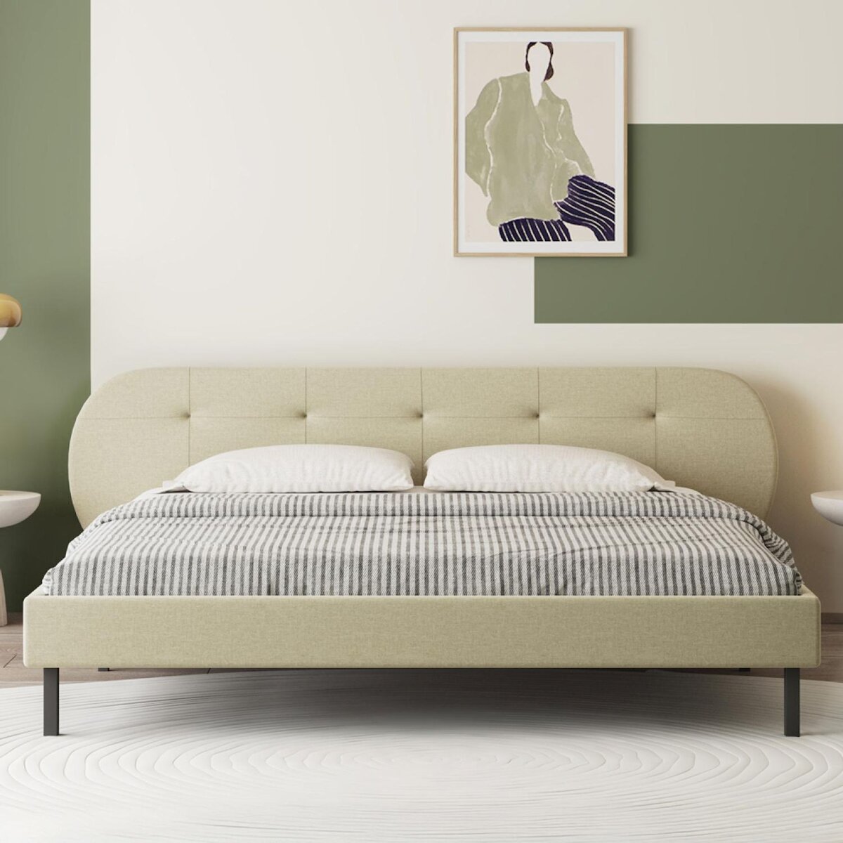 CONCEPT USINE Lit capitonné 160x200cm beige avec tête de lit et sommier TULSA