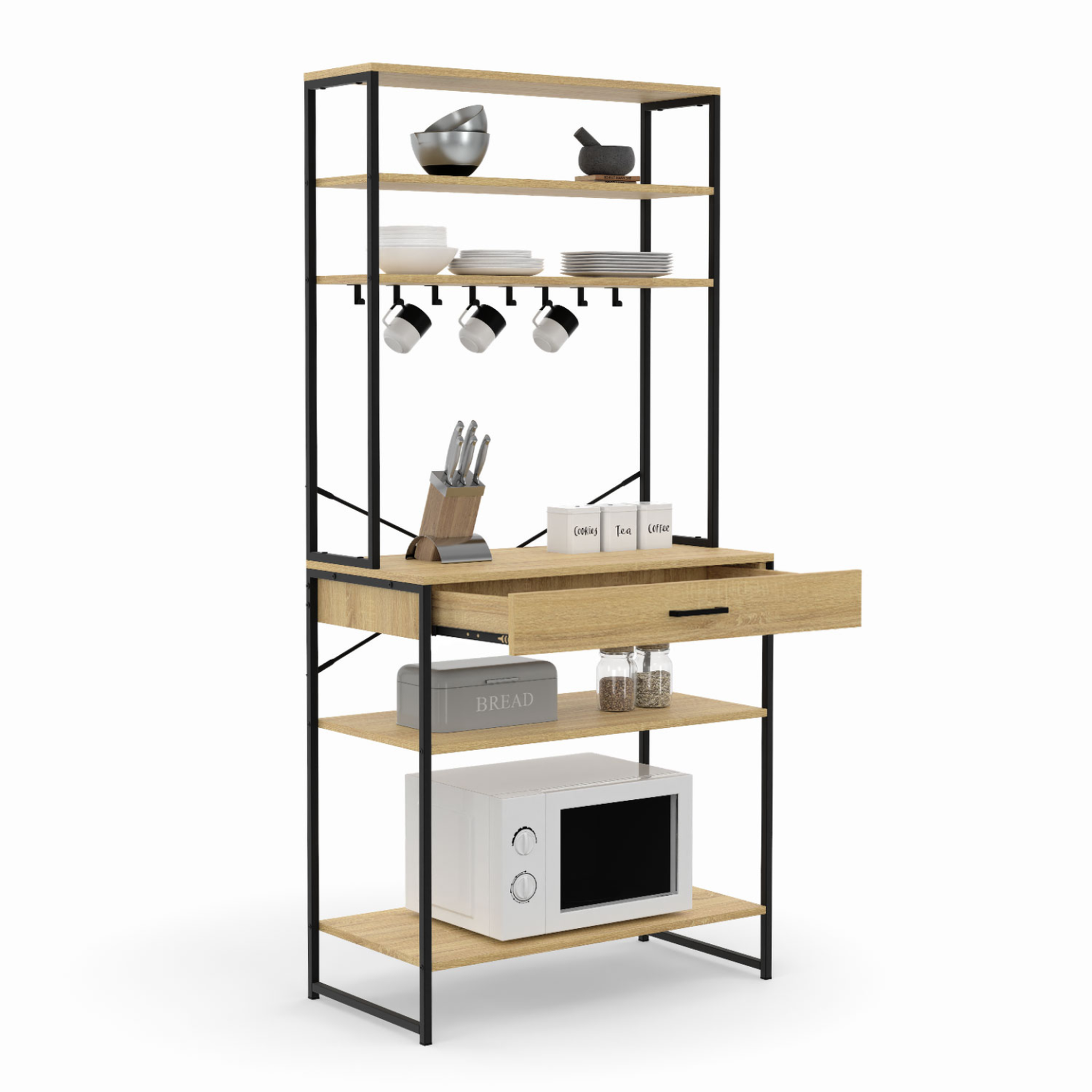Voir la diapositive 4 : ID MARKET Etagère de cuisine 80 cm detroit avec tiroir et crochets design industriel