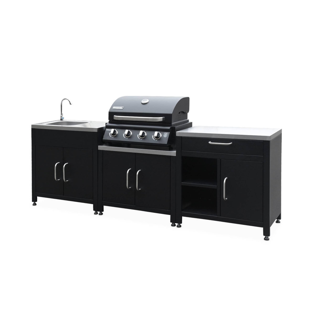 SWEEEK Ensemble de meubles de cuisine extérieure en acier inoxydable 7 modules avec barbecue au gaz 4 brûleurs