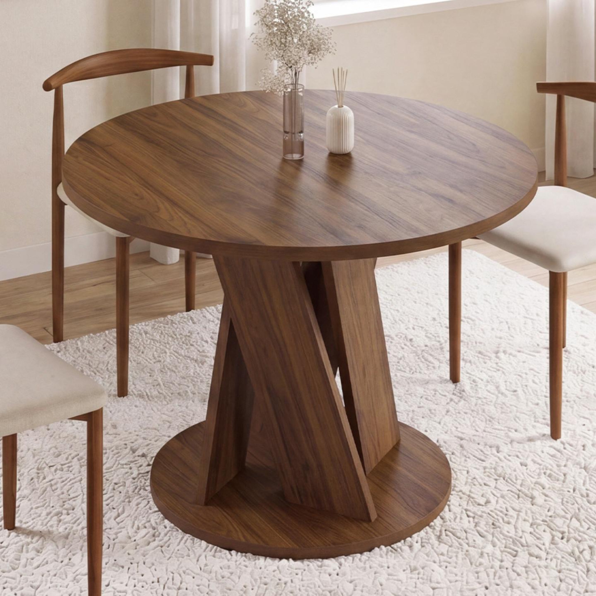 Voir la diapositive 4 : ID MARKET Table à manger extensible ronde jasmine 4-8 personnes pied central noyer 110-150 cm