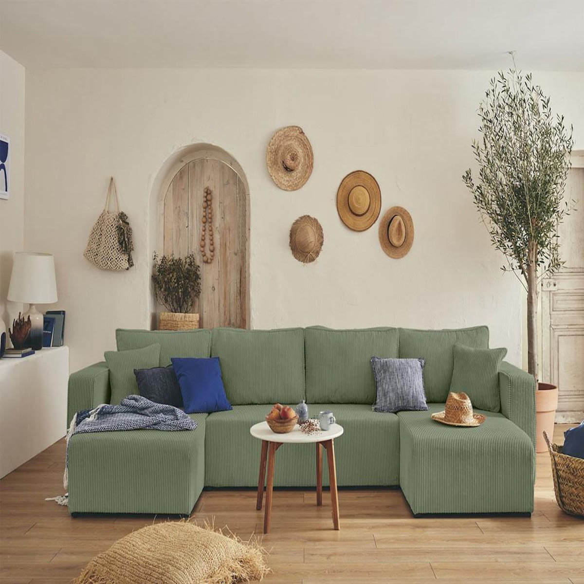 BEST MOBILIER Topaze - canapé panoramique en u - 7 places - convertible avec coffre - en velours côtelé