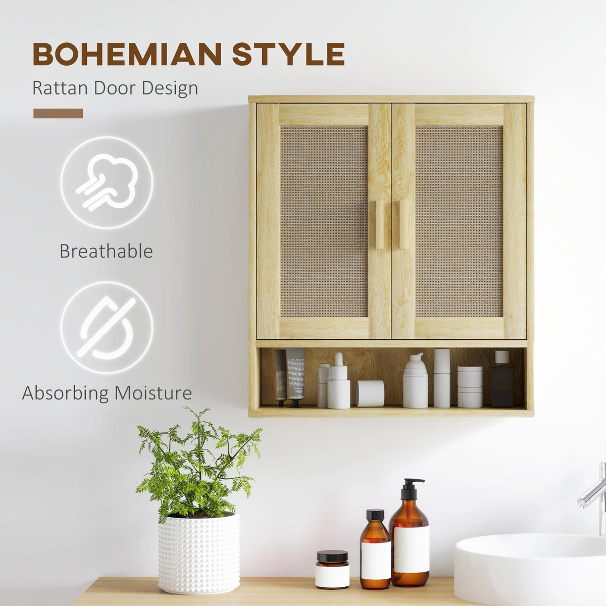 HOMCOM Armoire murale salle de bain WC style bohème - 2 portes, étagère, niche - effet rotin bois clair