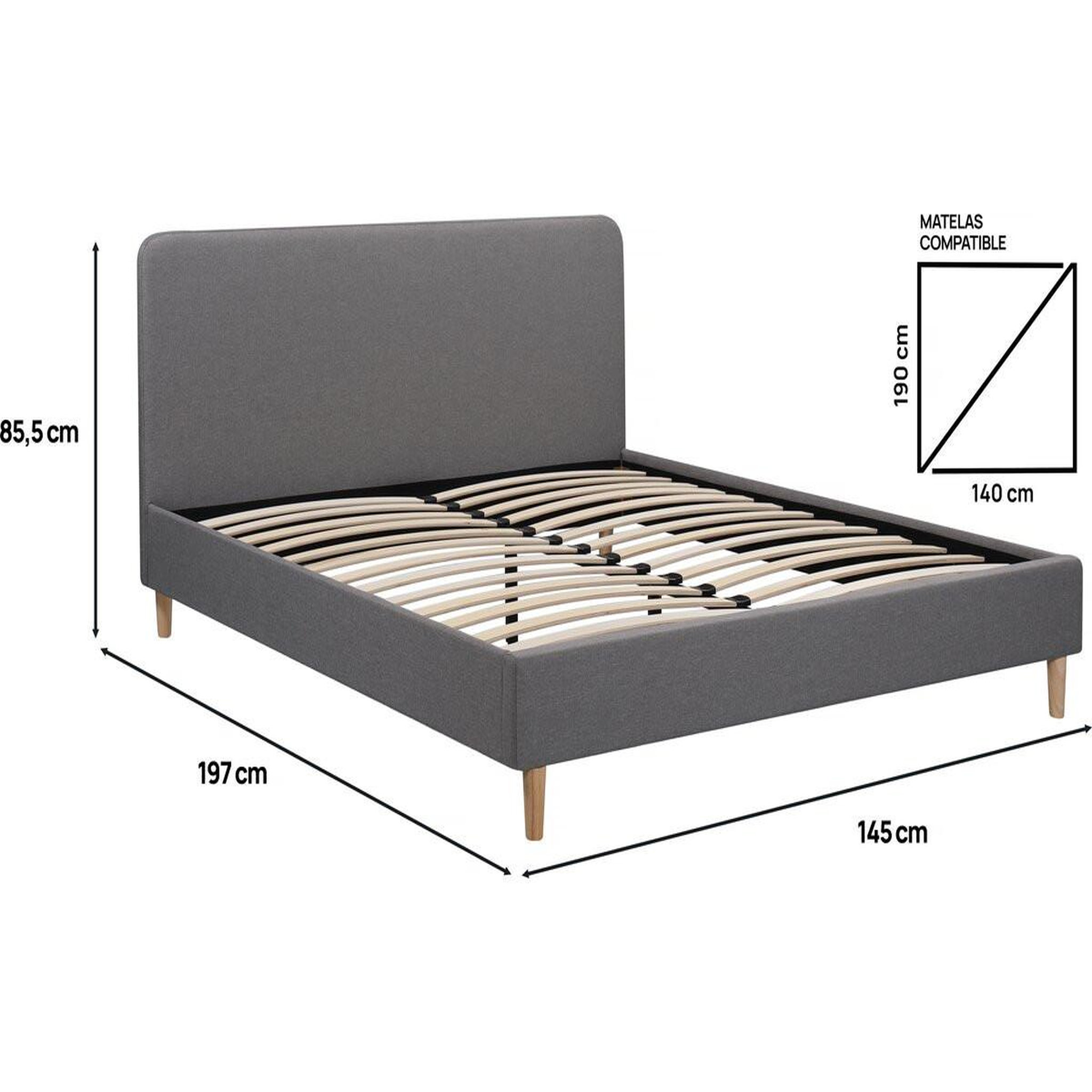 Voir la diapositive 3 : Habitat et Jardin Lit double en tissu  louise  - 140 x 190 cm - gris