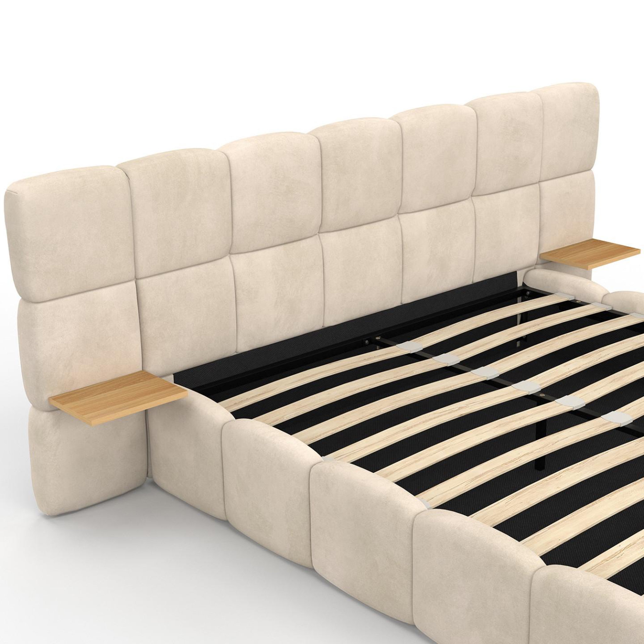 Voir la diapositive 6 : ID MARKET Lit coffre double nuage avec tête de lit matelassée + tables de chevet intégrées et sommier 140 x 190 cm velours beige