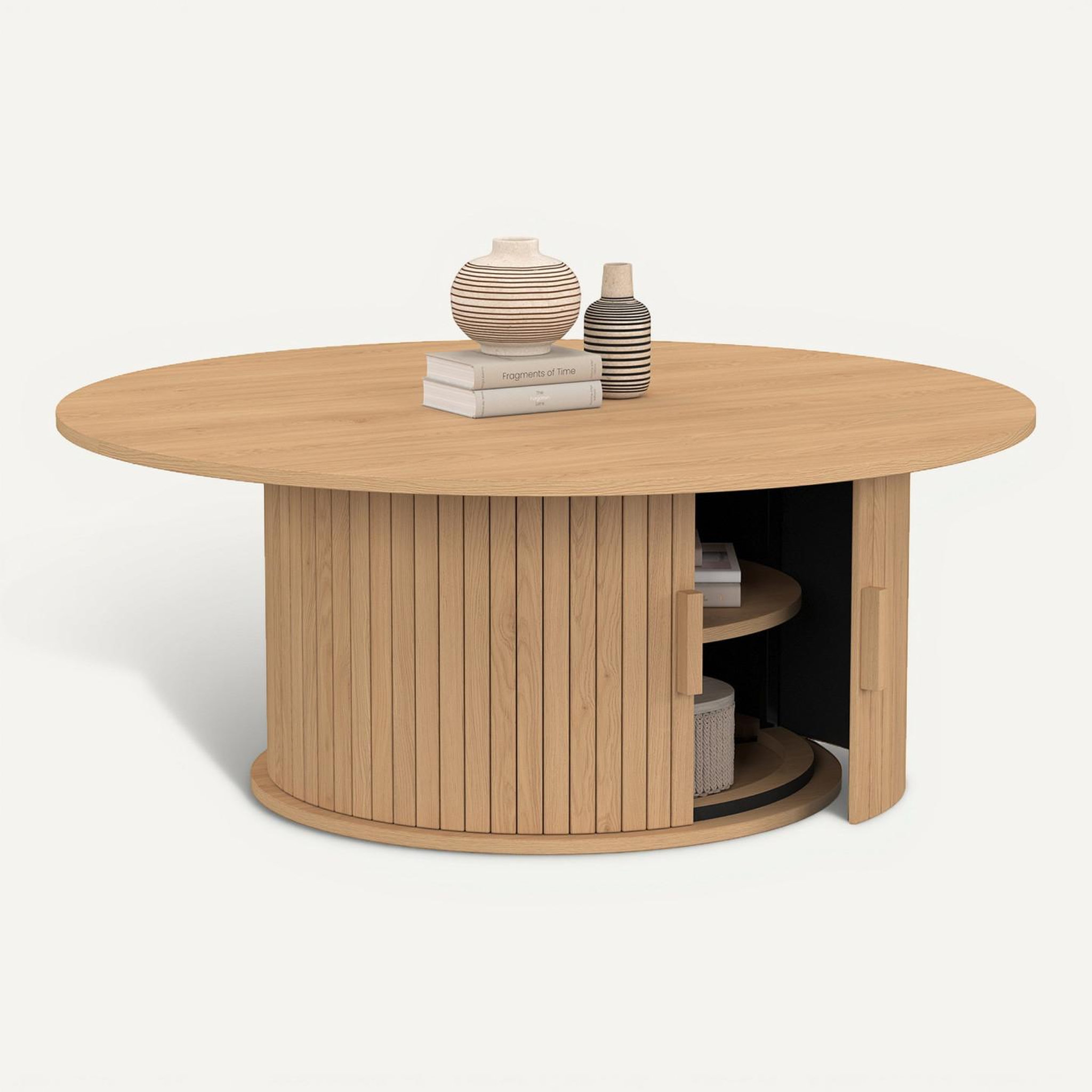 Voir la diapositive 6 : ID MARKET Table basse ronde juliette 100 cm avec rangement lattes tasseau bois coloris chêne