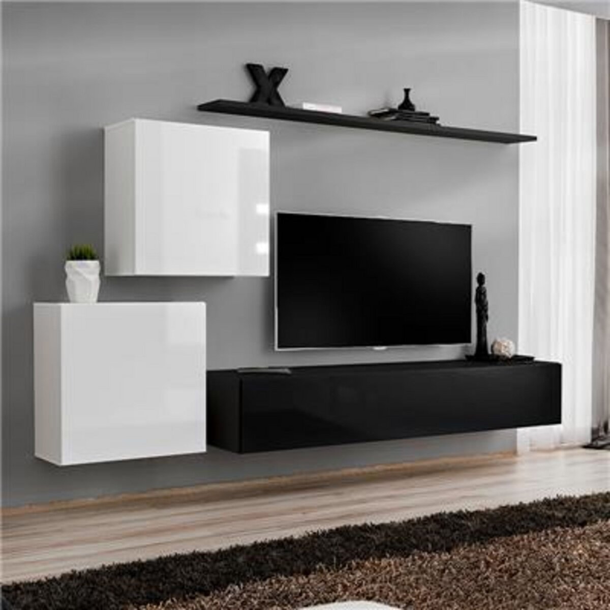 KASALINEA Meuble tv suspendu blanc et noir ALCEO-L 250 x P 40 x H 150 cm- Blanc