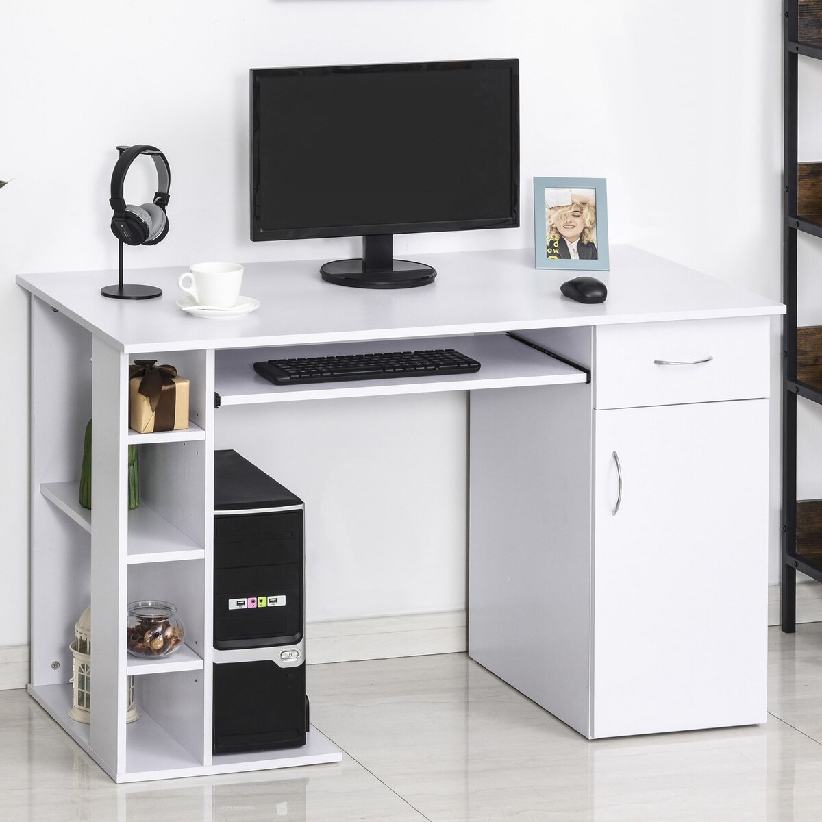 HOMCOM Bureau informatique multimédia multi-rangements avec étagère tiroir tablette clavier MDF 120 x 60 x 74 cm blanc