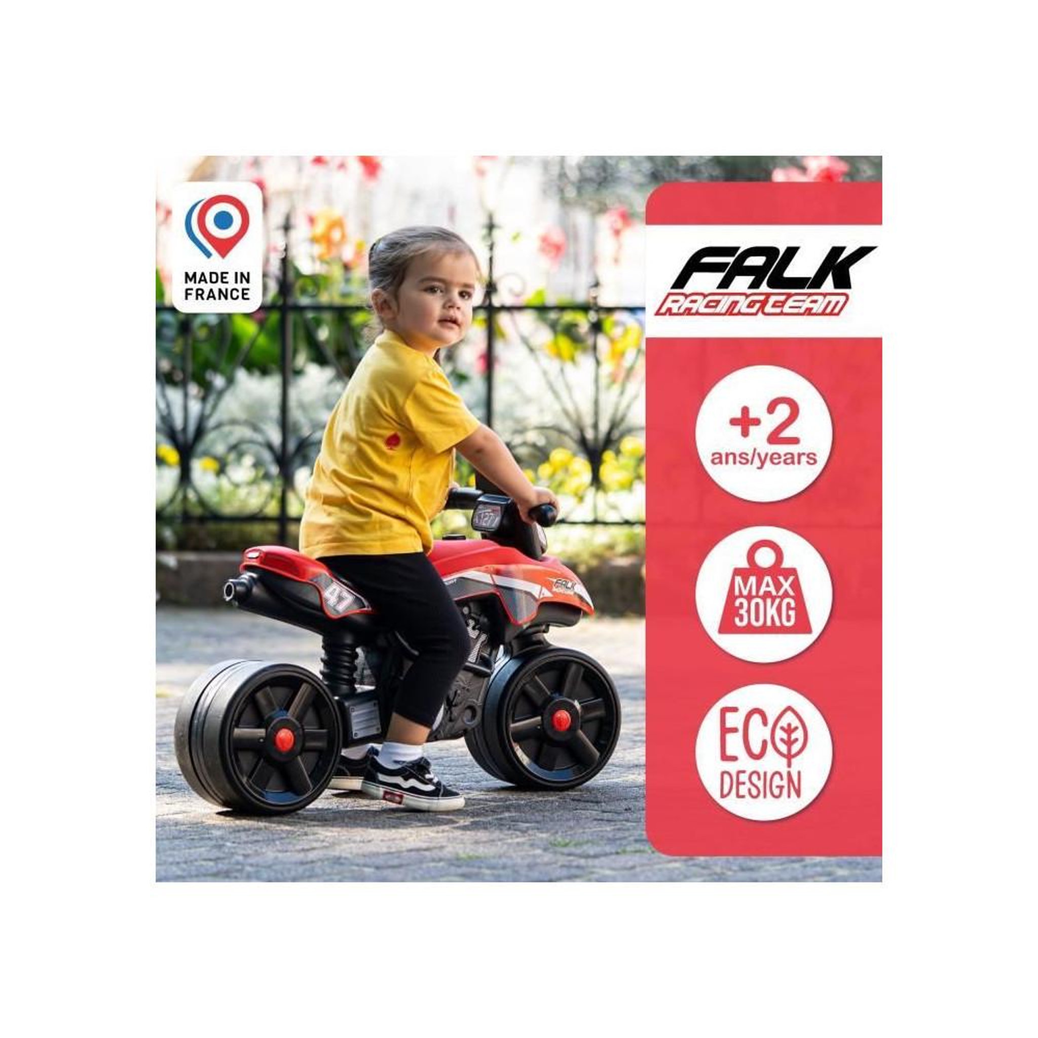 Voir la diapositive 2 : FALK Draisienne Moto Racing Team - FALK - Larges roues et Guidon directionnel - Fabriqué en France - 40% de plastique recyclé - Des
