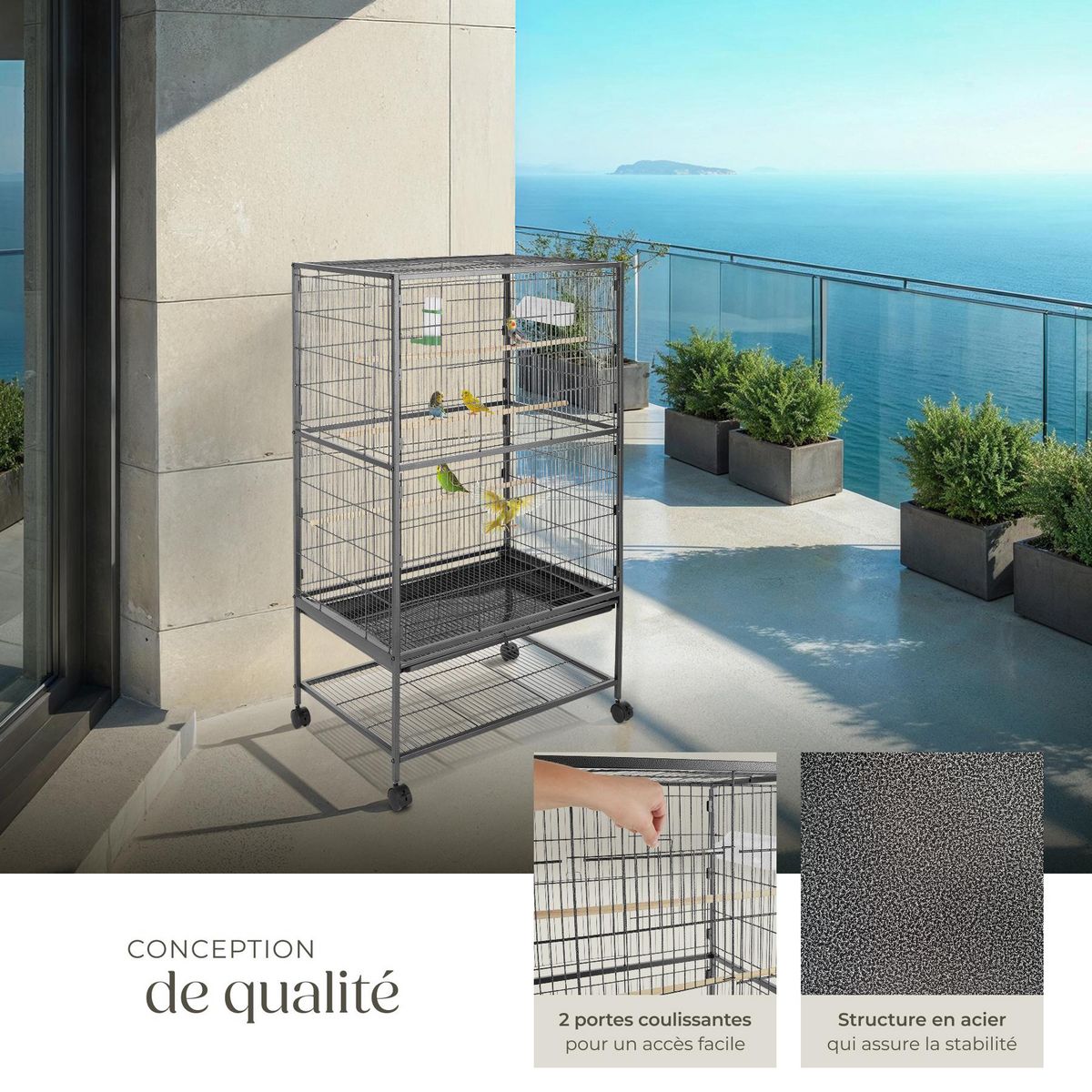 tectake Cage à oiseaux en finition martelée gris anthracite
