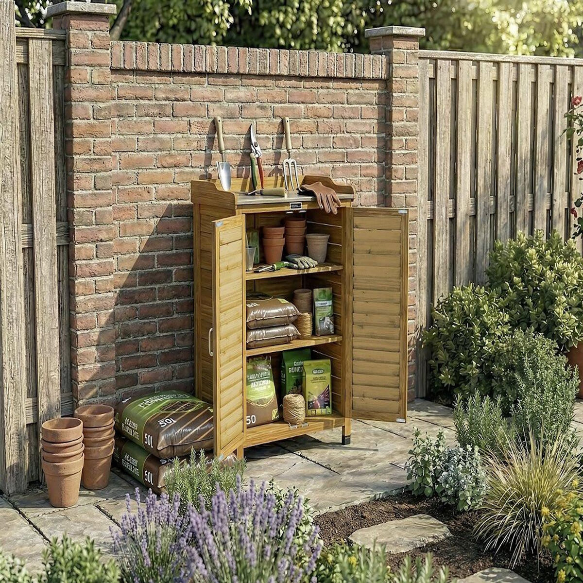 Habitat et Jardin Armoire de jardin en bois avec roulettes  Alexia  - 66 x 41 x 101 cm - Marron