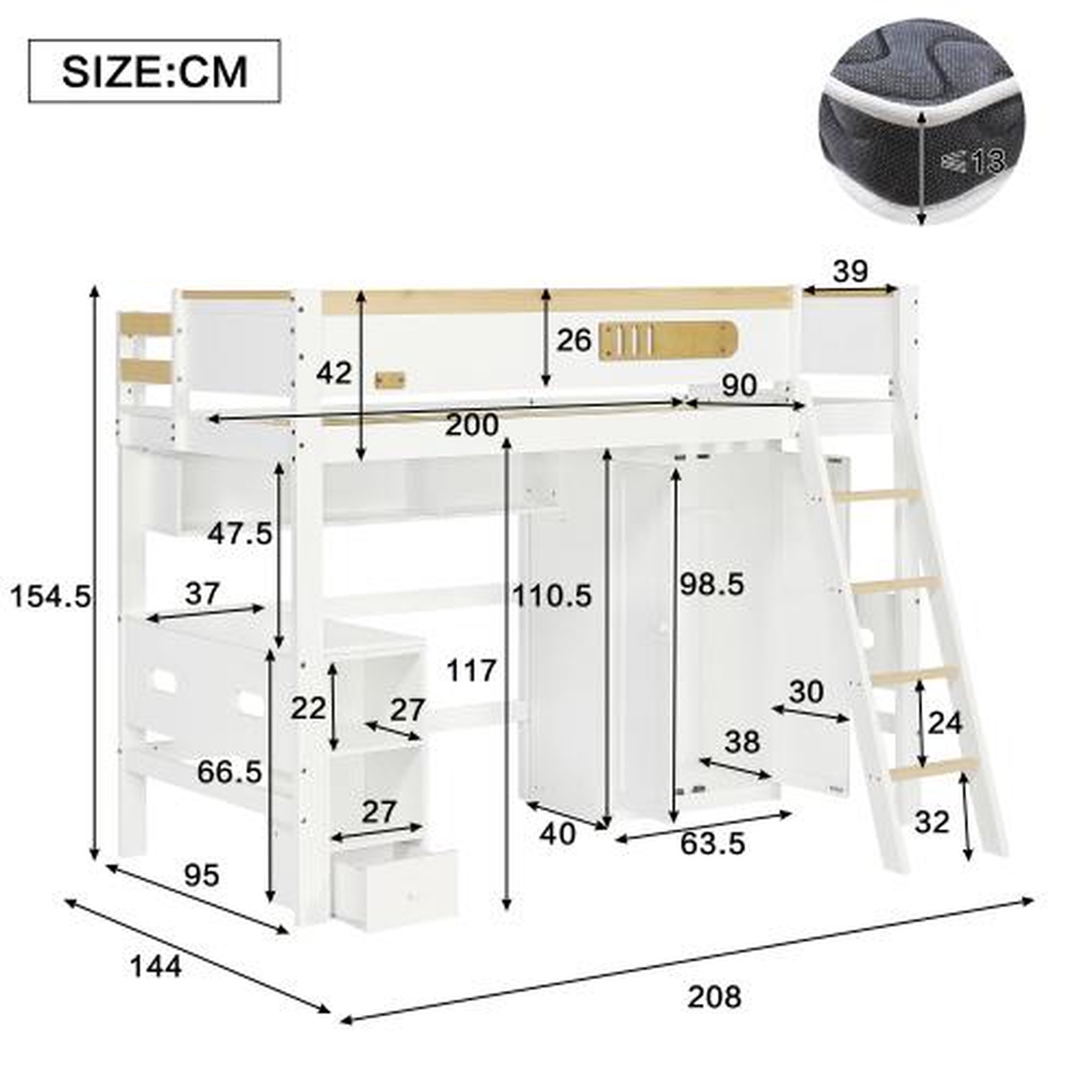 Voir la diapositive 3 : MERAX Lit combiné enfant 90x200cm bois et mdf coloris blanc+naturel