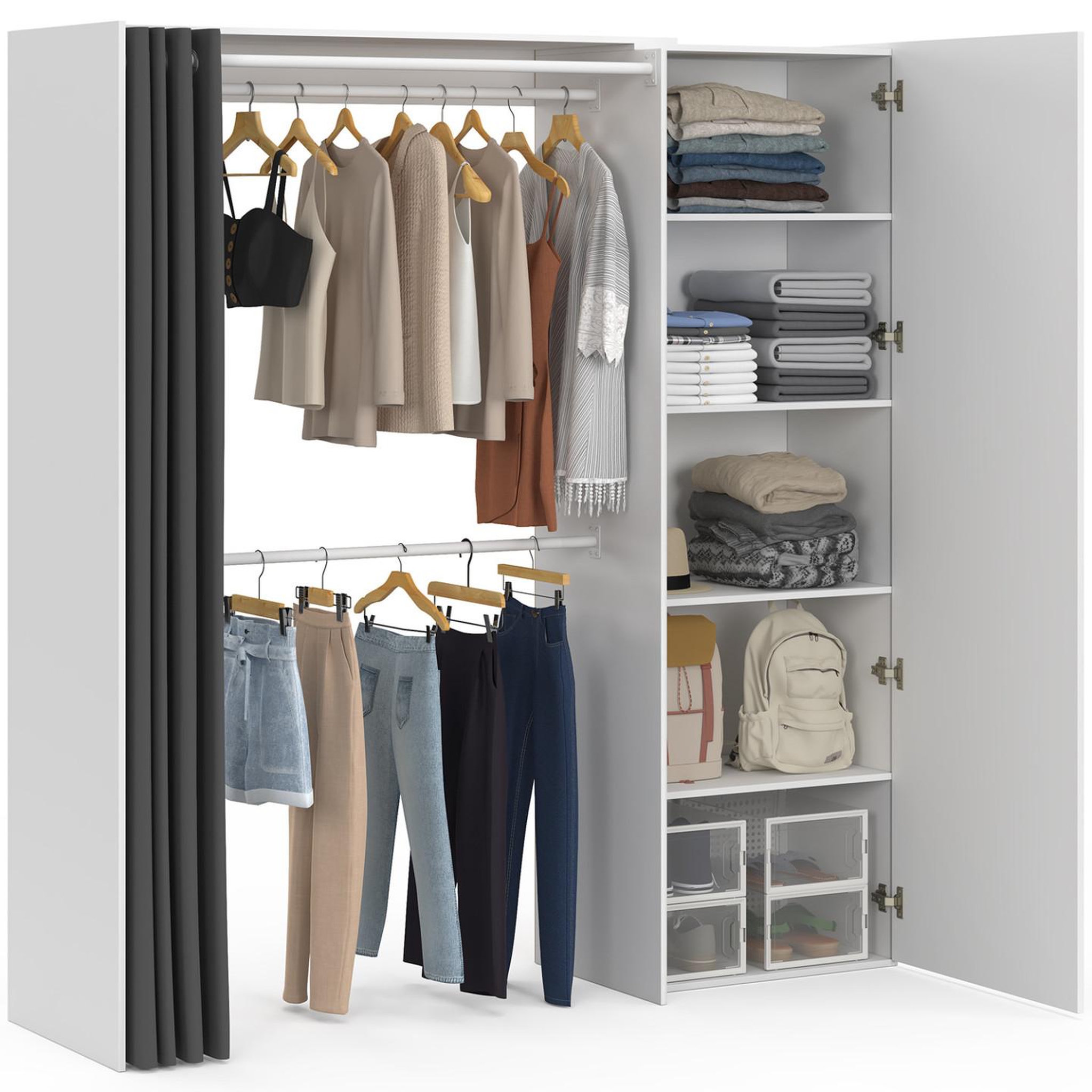 Voir la diapositive 4 : ID MARKET Dressing extensible marty 120/170 x 50 x 180 cm blanc avec étagères + double penderie + miroir + rideau gris