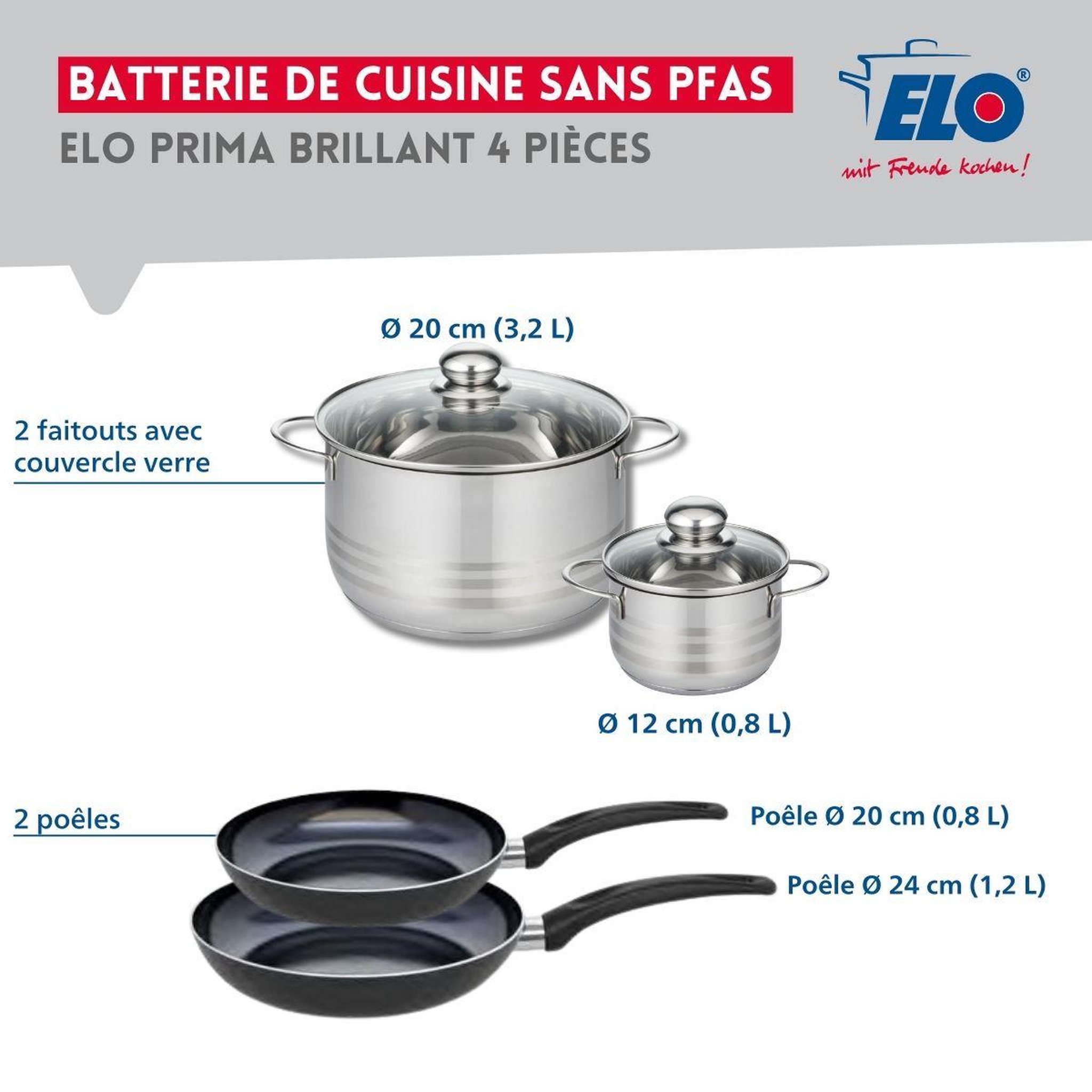 Voir la diapositive 2 : ELO Ensemble de 2 poêles de cuisson 20 et 24 cm et 2 faitouts 12 et 20 cm elo prima brillant
