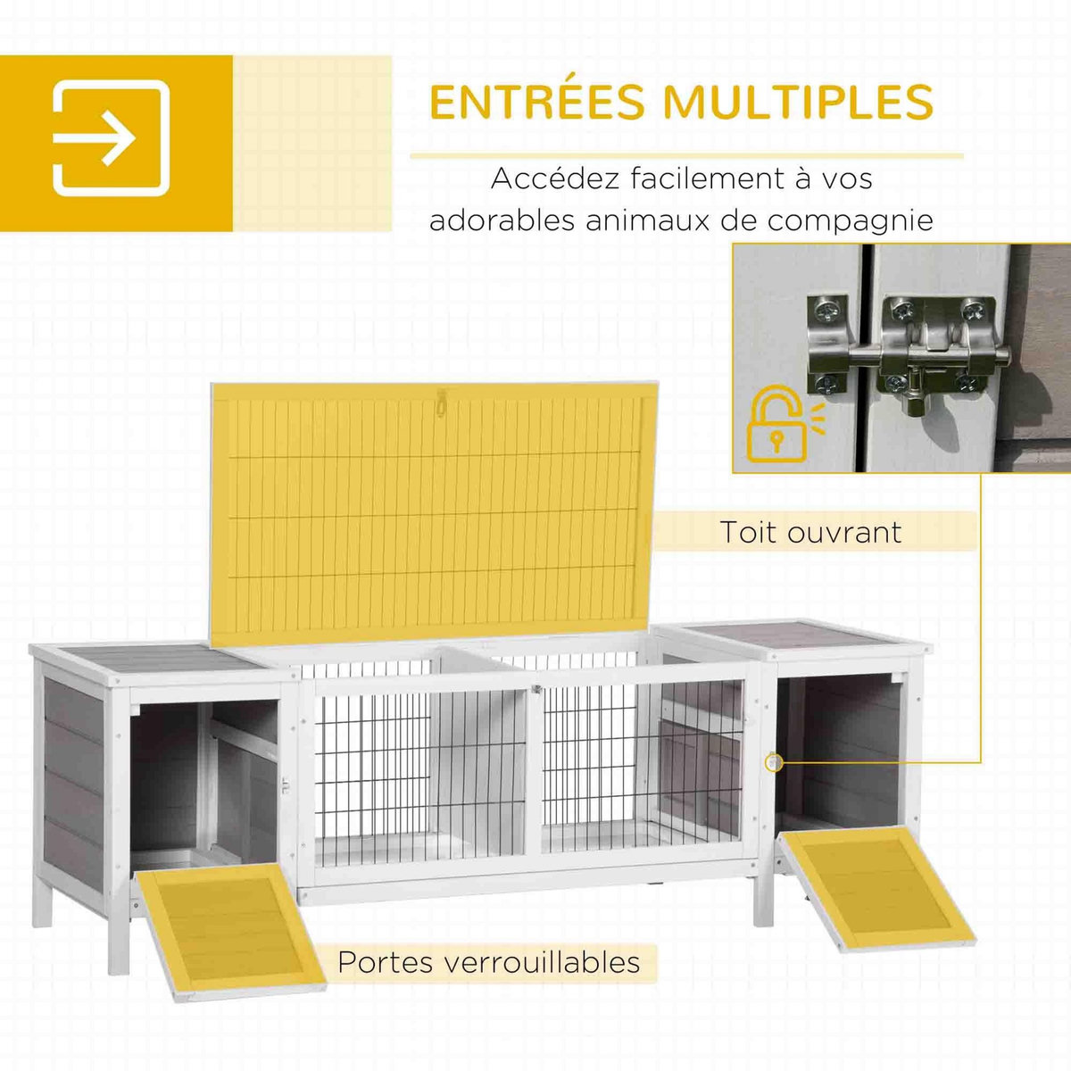 PAWHUT Clapier cage à lapin 2 portes toit ouvrant cloison amovible 2 niches plateaux déjection blanc gris