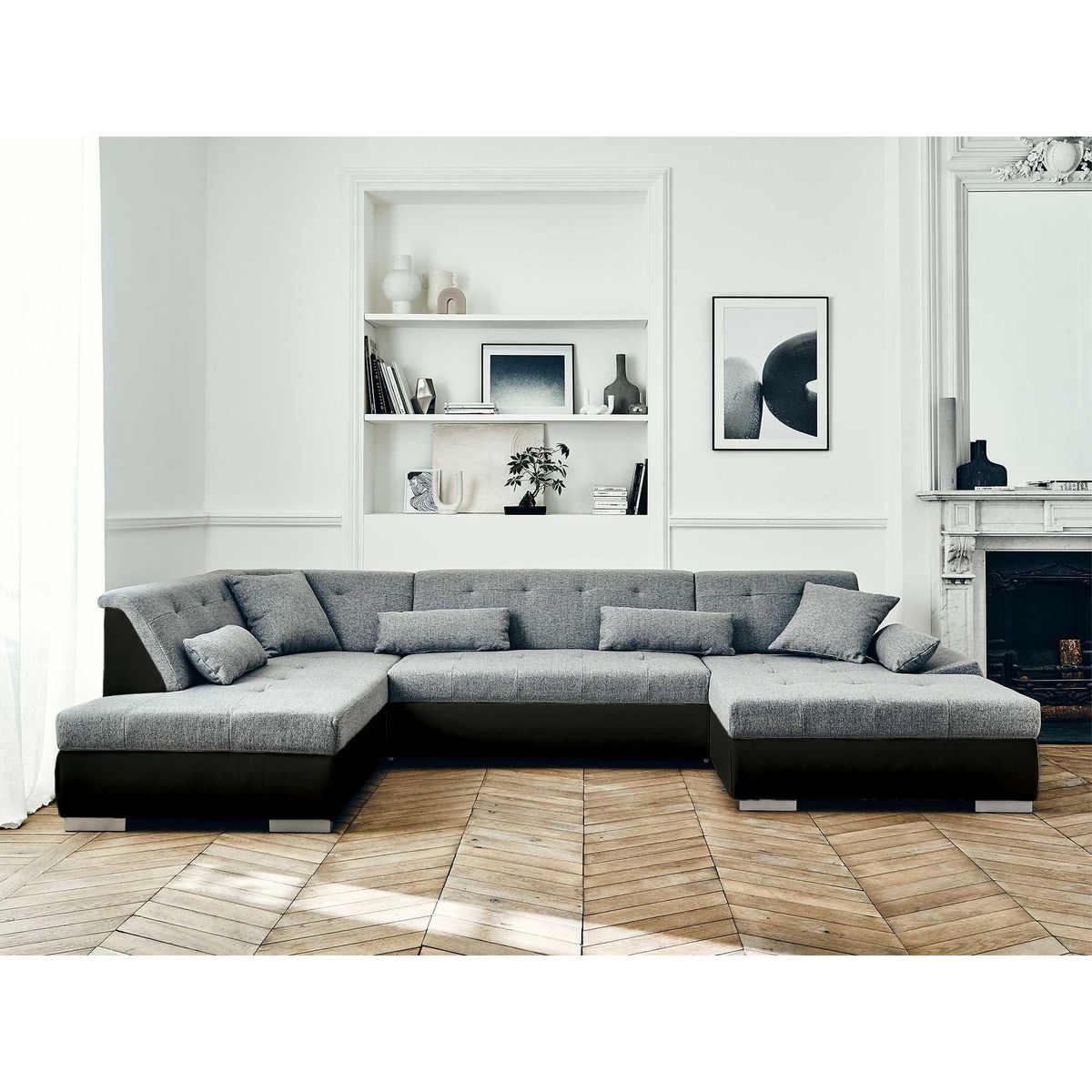 LISA DESIGN Vermont - canapé panoramique d'angle gauche - 7 places - convertible - en simili et tissu