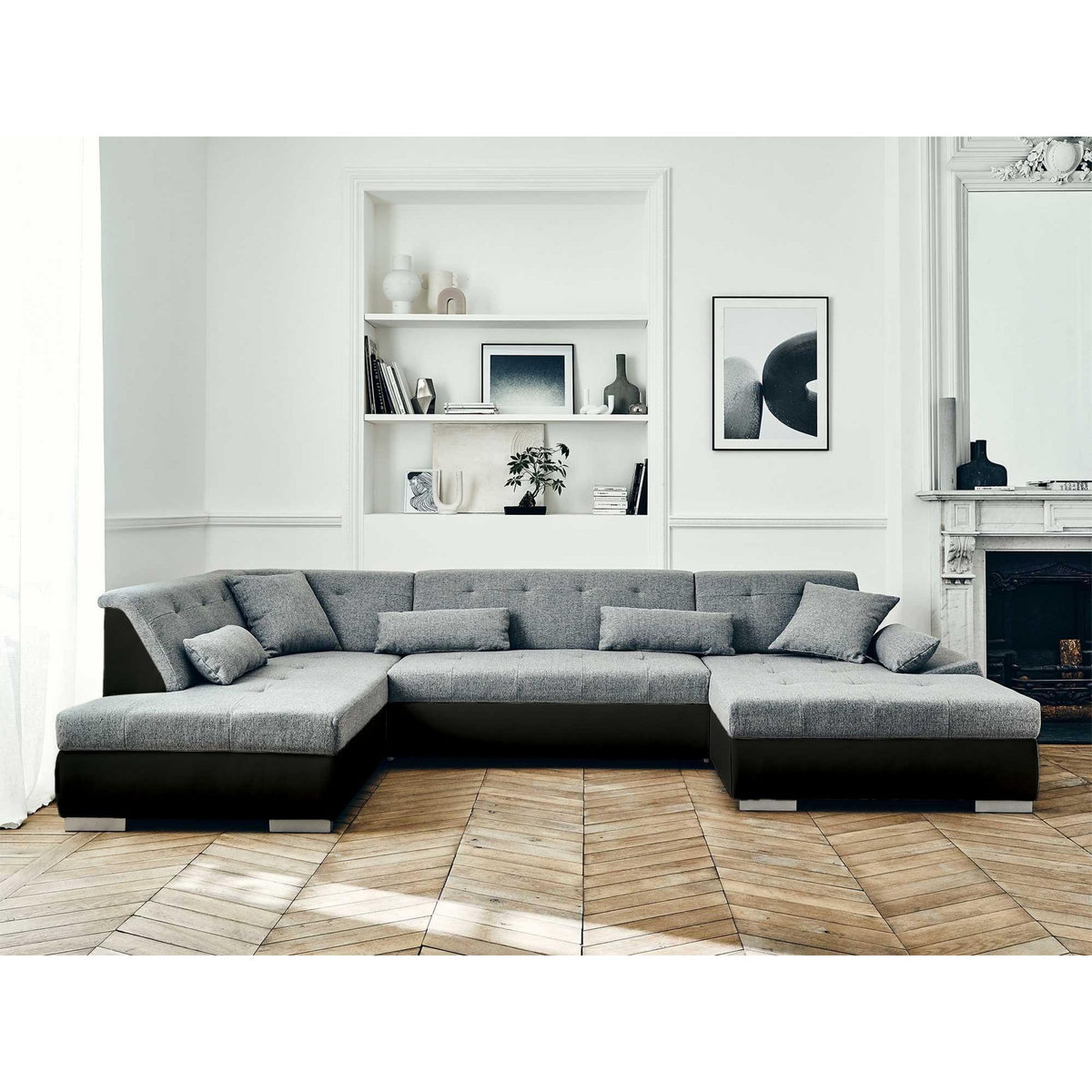 LISA DESIGN Vermont - canapé panoramique d'angle gauche - 7 places - convertible - en simili et tissu