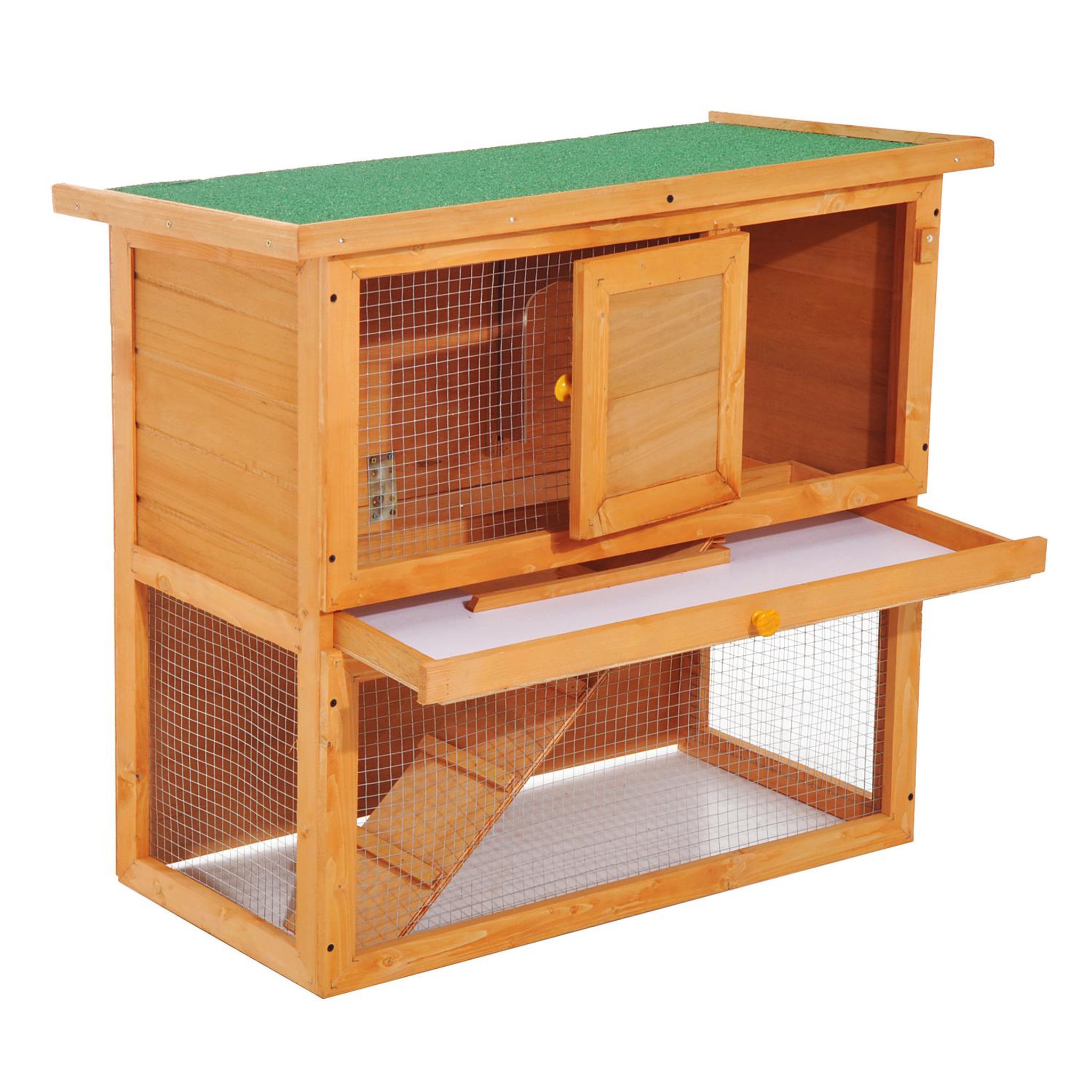 Voir la diapositive 5 : PAWHUT Clapier à lapin cage à lapin 2 étages plateau coulissant rampe et toit ouvrant 90l x 45l x 80h cm