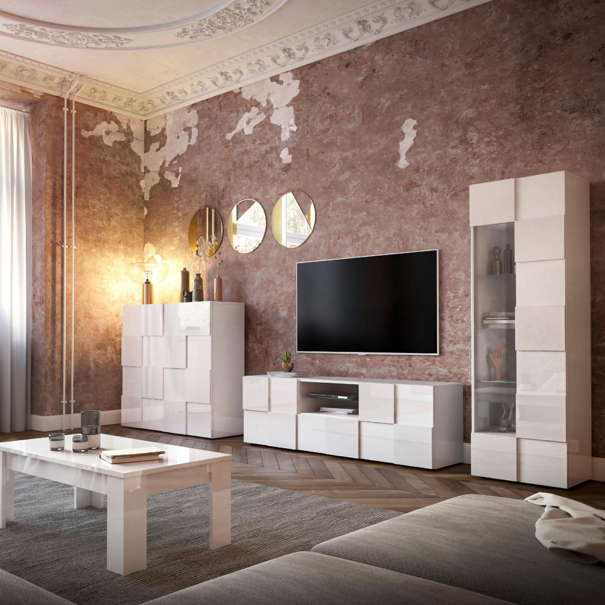 Voir la diapositive 4 : JLC KREATION Buffet haut design laqué blanc 2 portes MADO