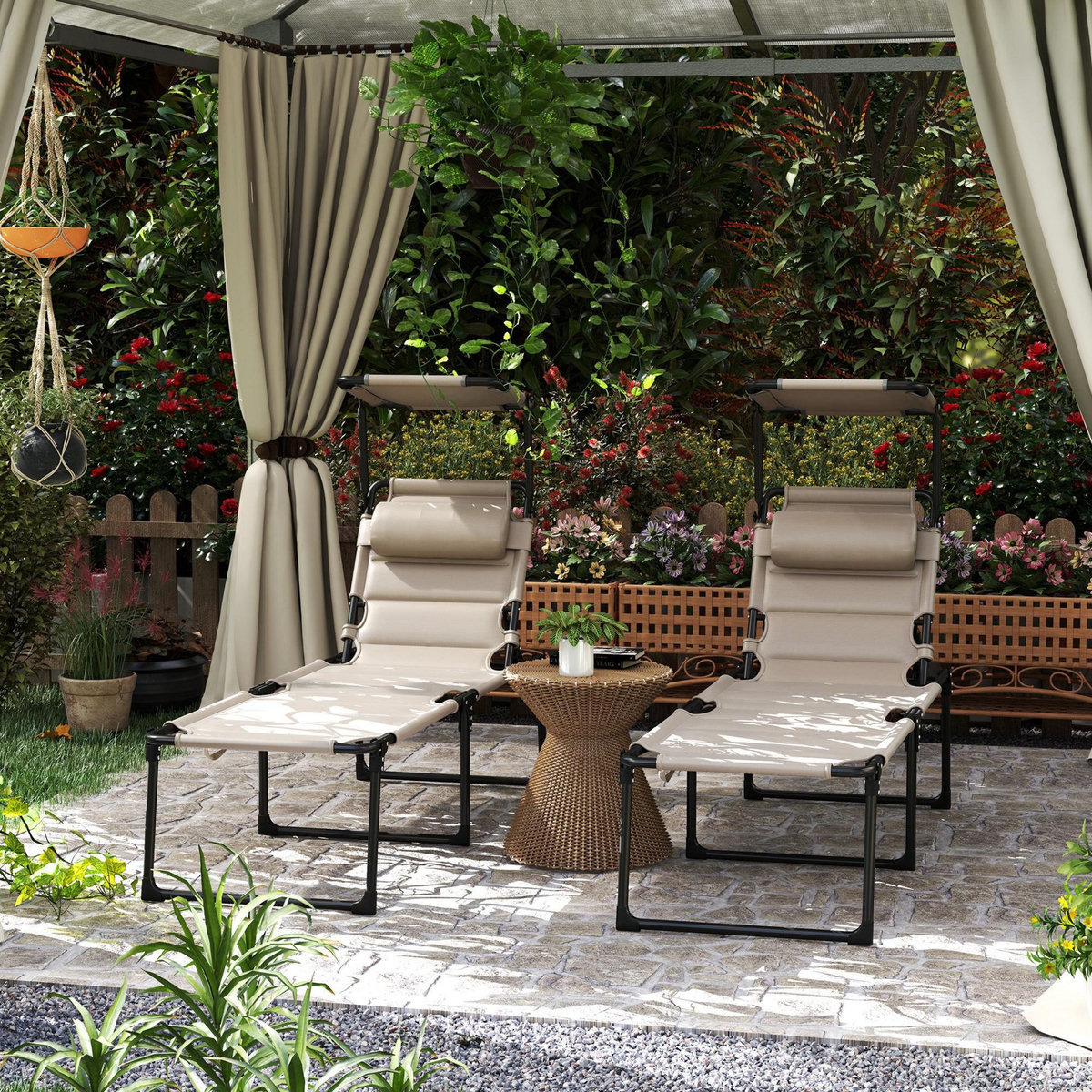OUTSUNNY Lot de 2 bains de soleil transats pliables réglables avec pare-soleil taupe