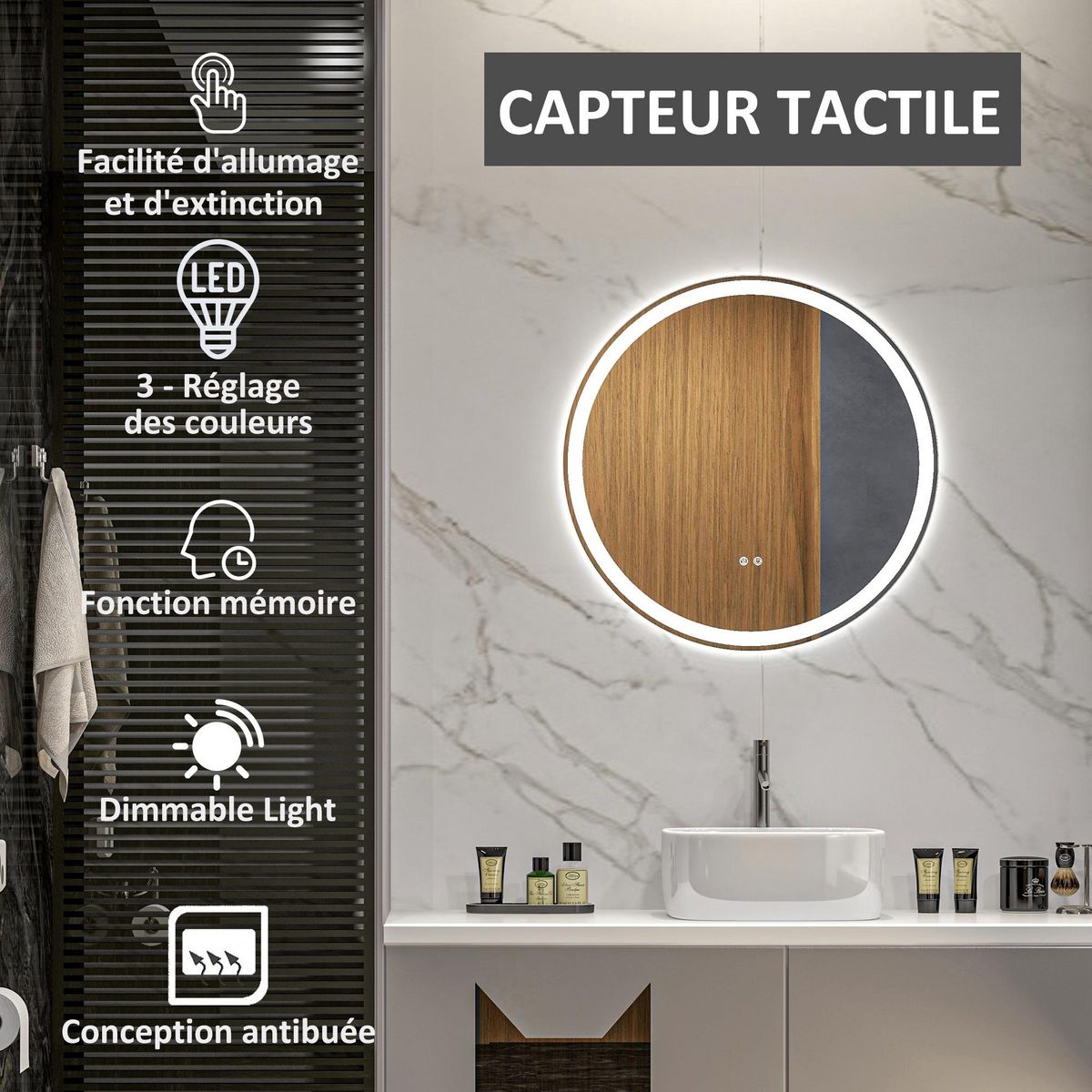 KLEANKIN Miroir rond lumineux LED de salle de bain 29 W Ø 60 cm tactile antibuée blanc argent