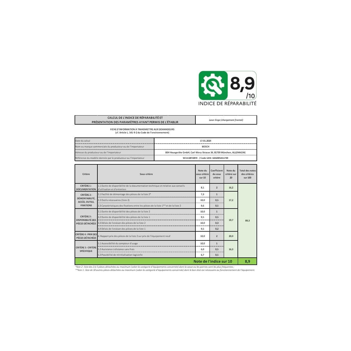 BOSCH Lave-linge frontal 9kg 1400 tours/min - WUU28T69FR