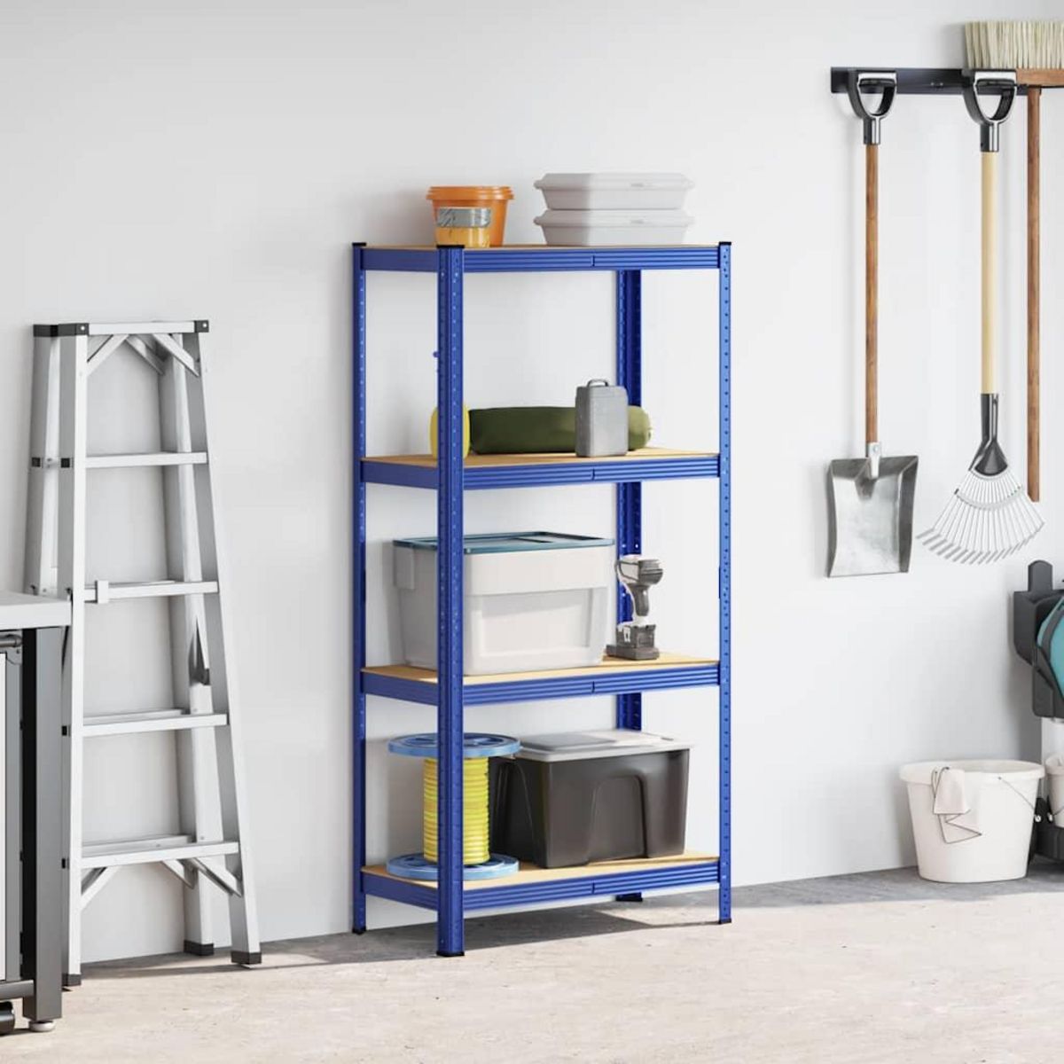 VIDAXL Etagere de rangement a 4 niveaux Bleu Acier et bois ingenierie