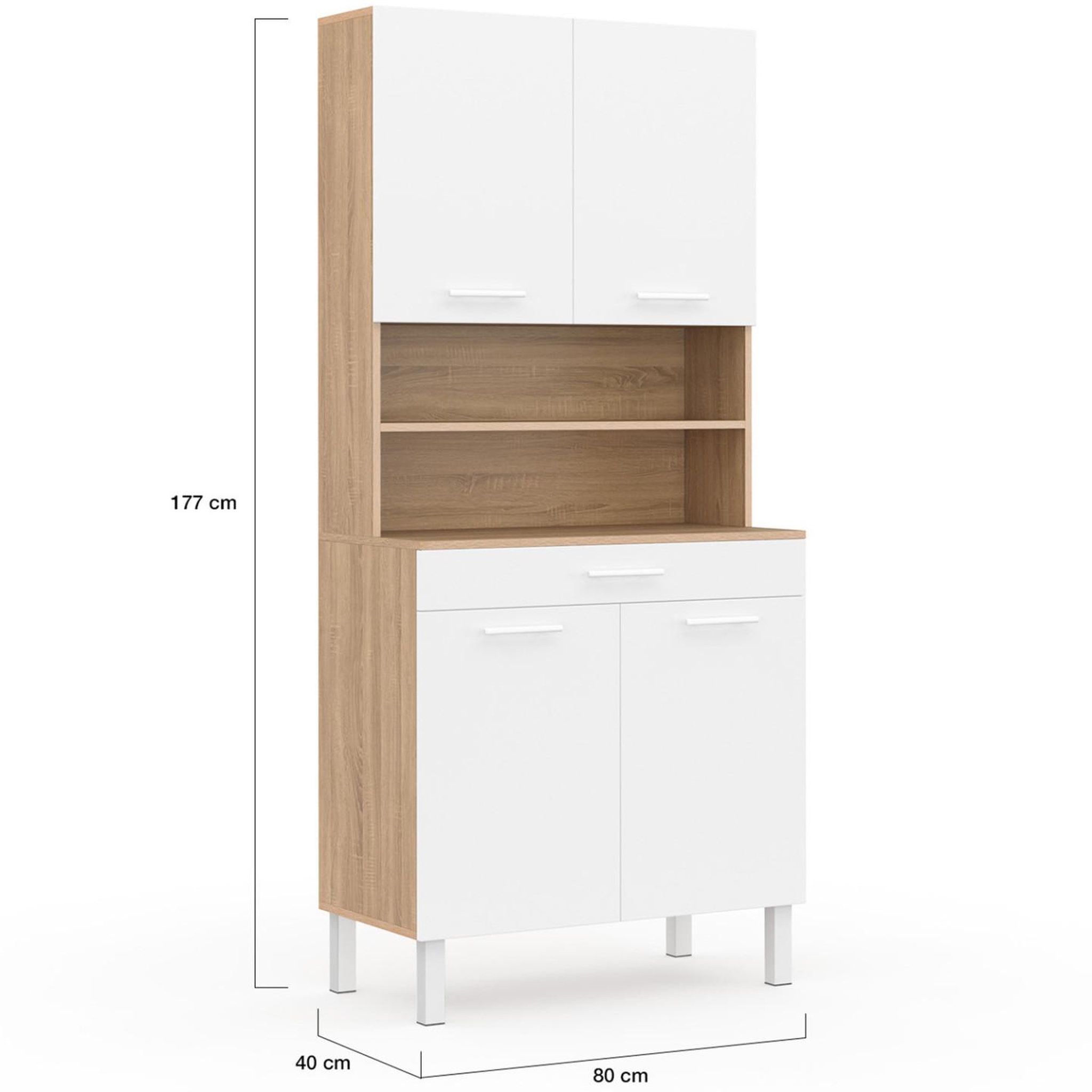 Voir la diapositive 5 : ID MARKET Buffet de cuisine 80 cm cina 4 portes + tiroir façon hêtre et blanc