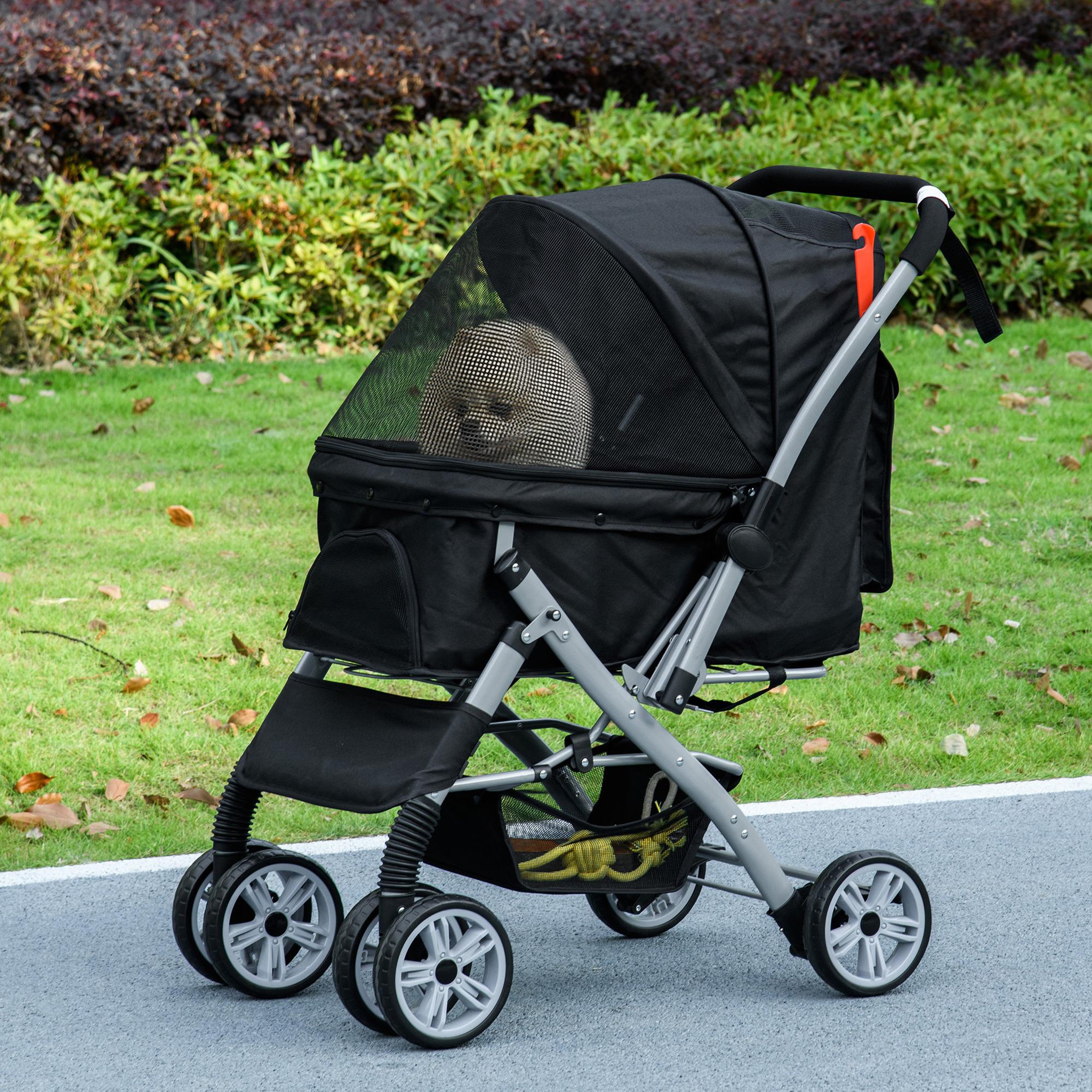 Voir la diapositive 2 : PAWHUT Poussette buggy pliable chien chat panier et sac de rangement attaches sécurité housse réglable poignée réversible acier oxford noir