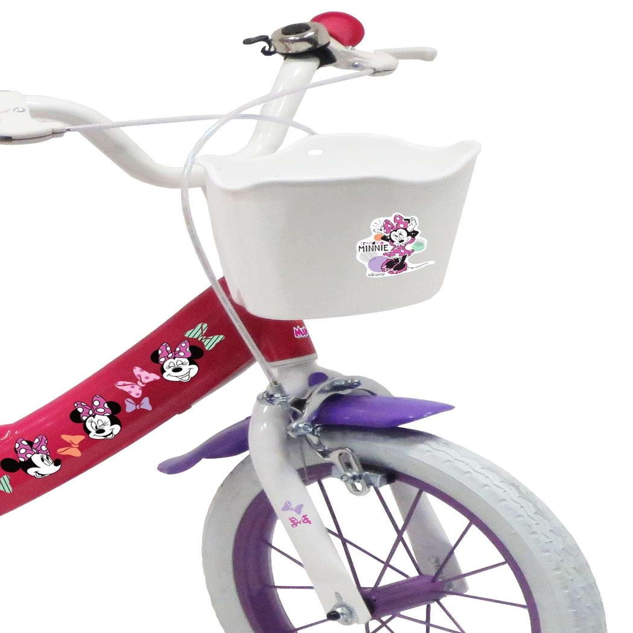 Voir la diapositive 4 : Disney Minnie Vélo enfant 14'' Fille - Modèle Minnie  pour enfant de taille 95 à110 cm - Livré avec stabilisateurs - Panier avant - Porte poupée arrière - 2 freins & Roues gonflables