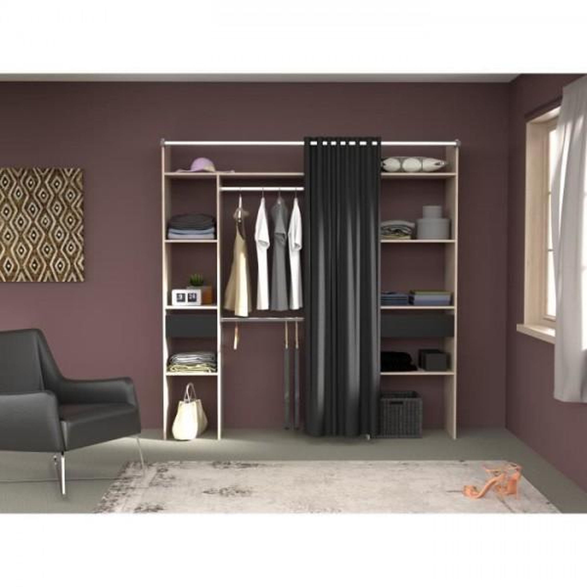 Voir la diapositive 3 : EKIPA Dressing ARTIC avec rideau - L 198 x H 203 cm - 2 colonnes + 2 penderies + 2 tiroirs - Chene Jackson et noir