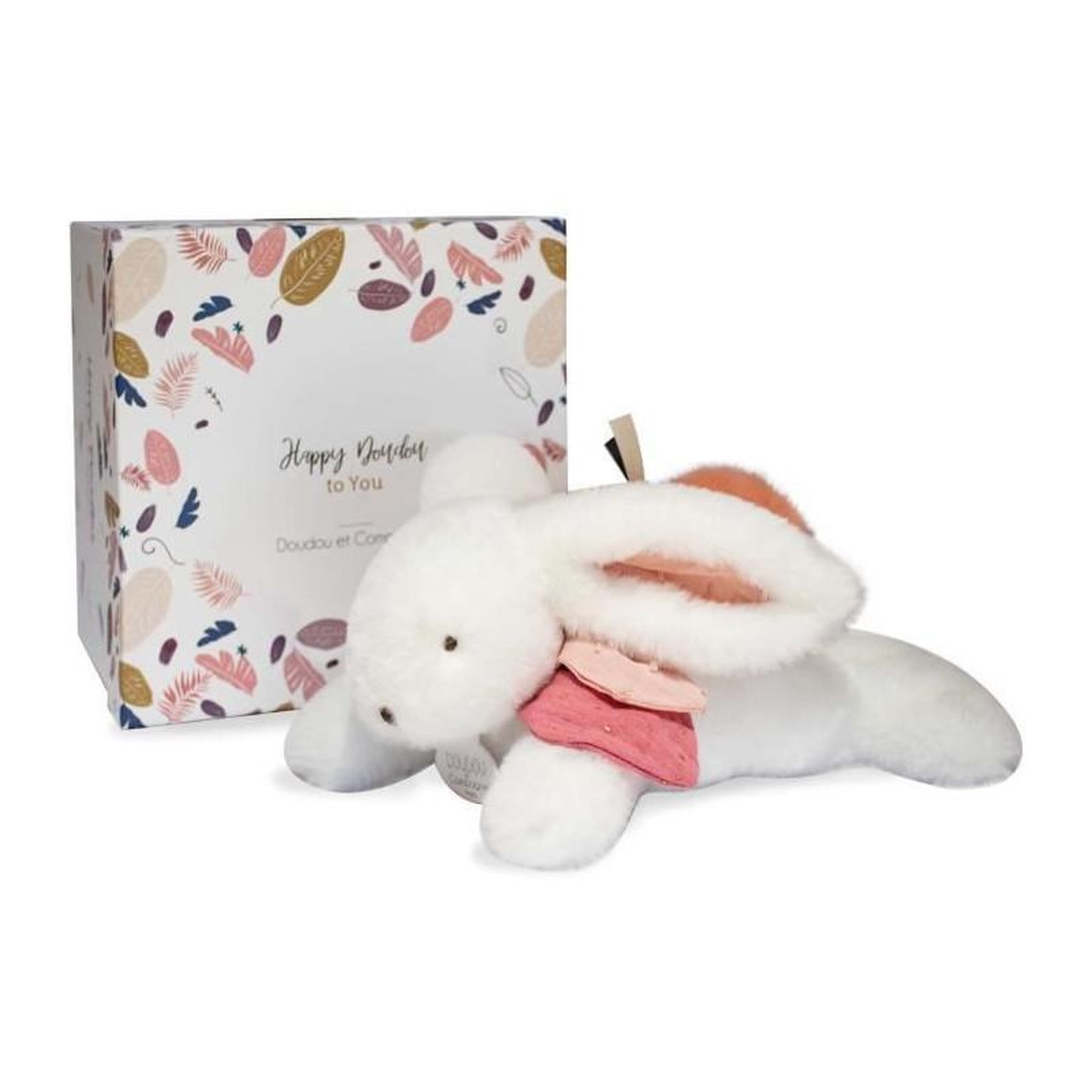 DOUDOU ET COMPAGNIE Doudou et Compagnie - Peluche Lapin - 25 cm - Lapin Pompom Blanc/Terracotta -  Jolie Boite Cadeau - Happy Boho - Happy Doudou To