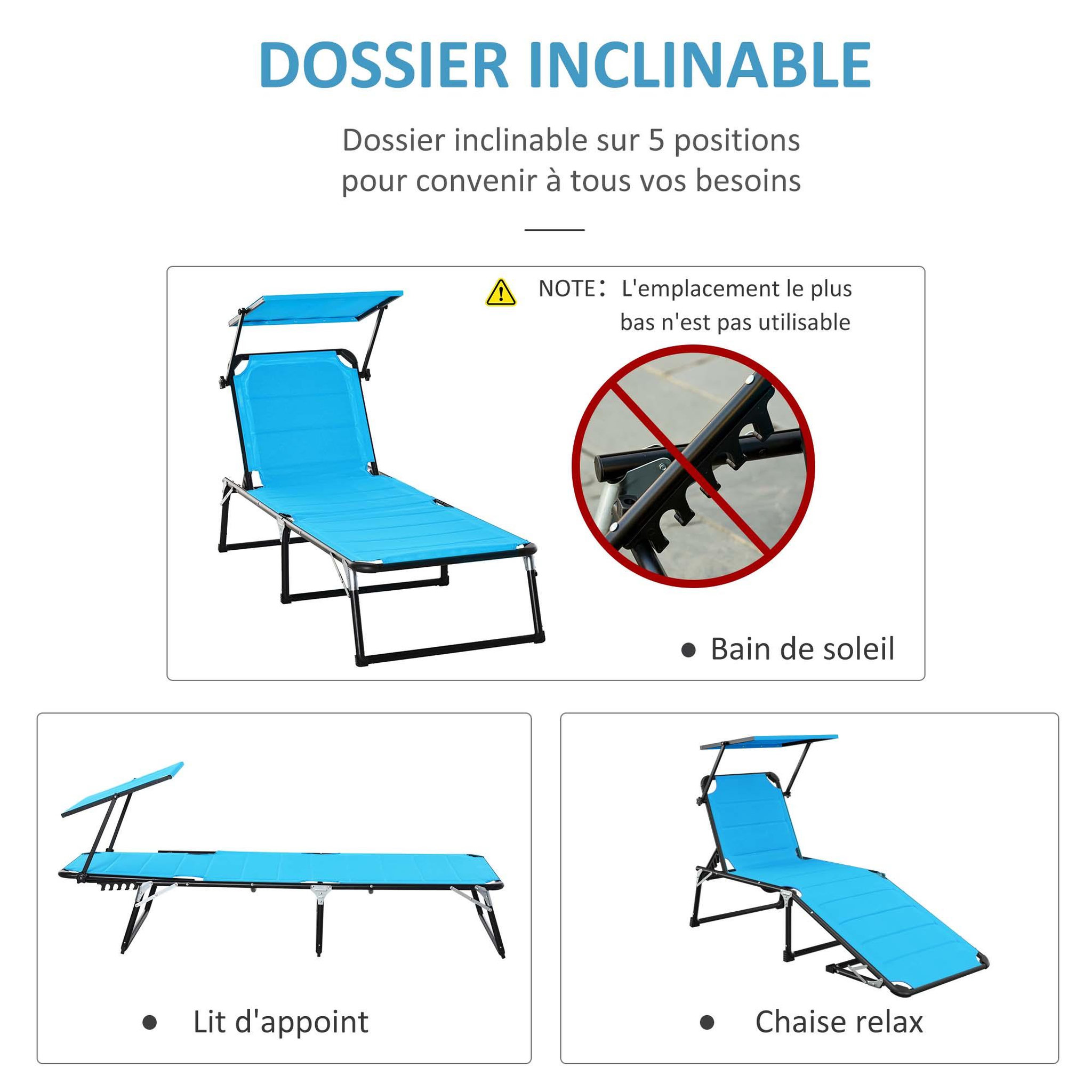 Voir la diapositive 4 : OUTSUNNY Bain de soleil transat pliable grand confort dossier pare-soleil réglables multi-positions alu. textilène bleu