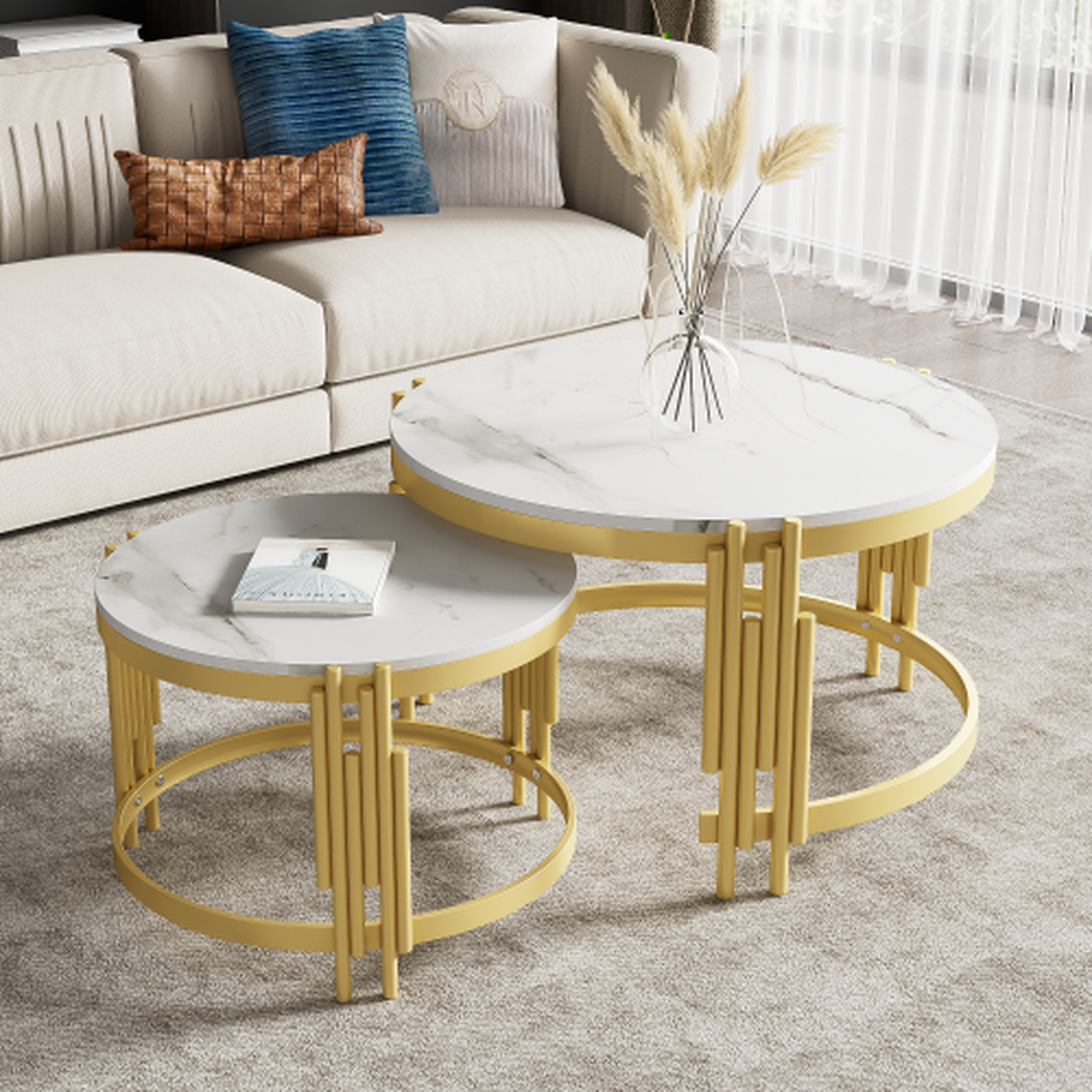 Voir la diapositive 5 : MERAX Table basse gigogne ronde gris - 71,5x71,5 cm mdf