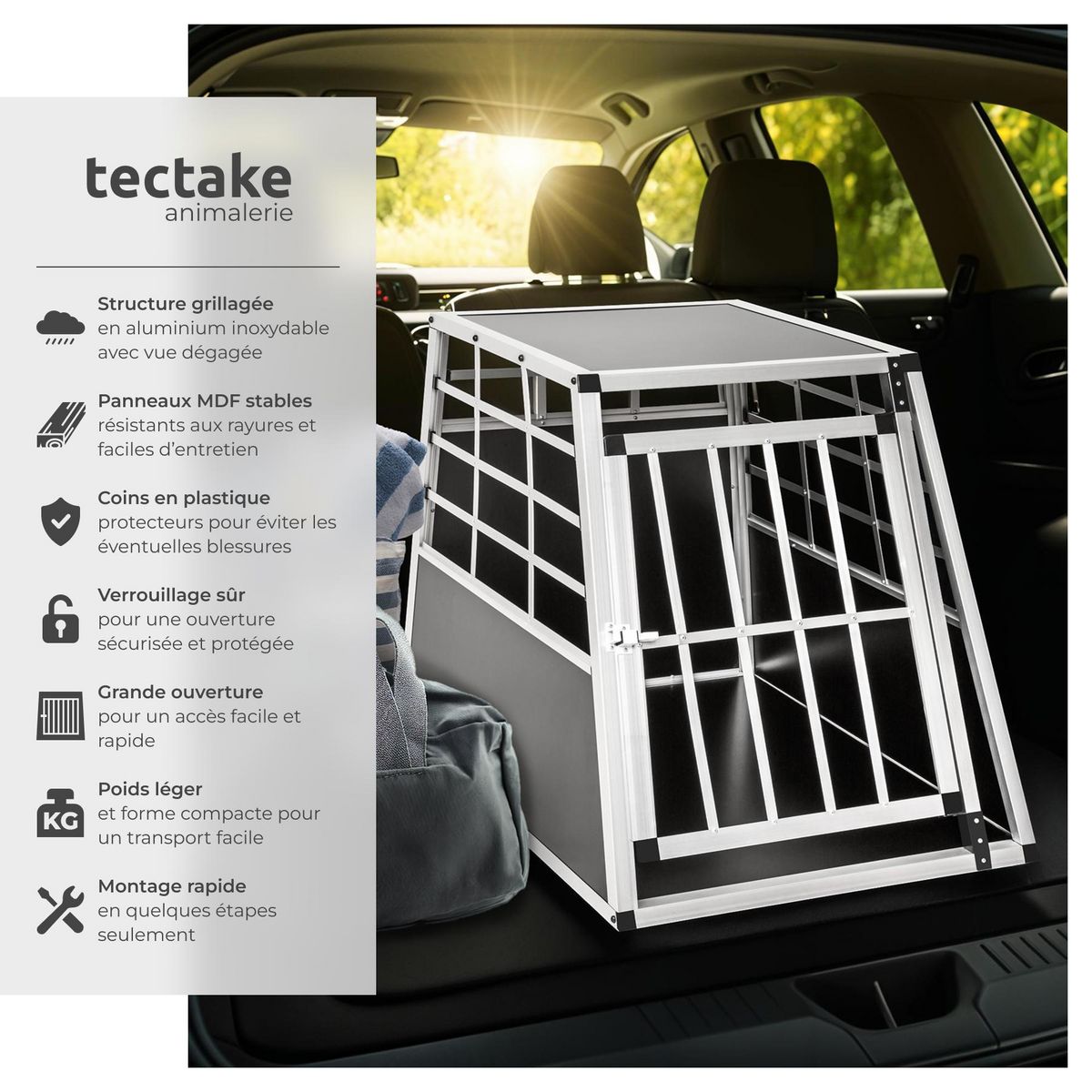 tectake Cage de transport pour chiens sécurisée avec dos droit noir 65 x 90 x 69,5 cm