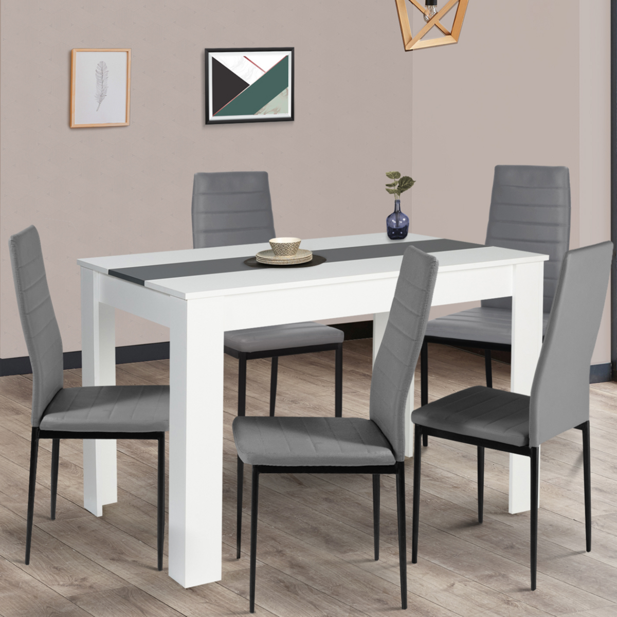 ID MARKET Table à manger rectangle ROZY 6 personnes blanche et grise 110 cm