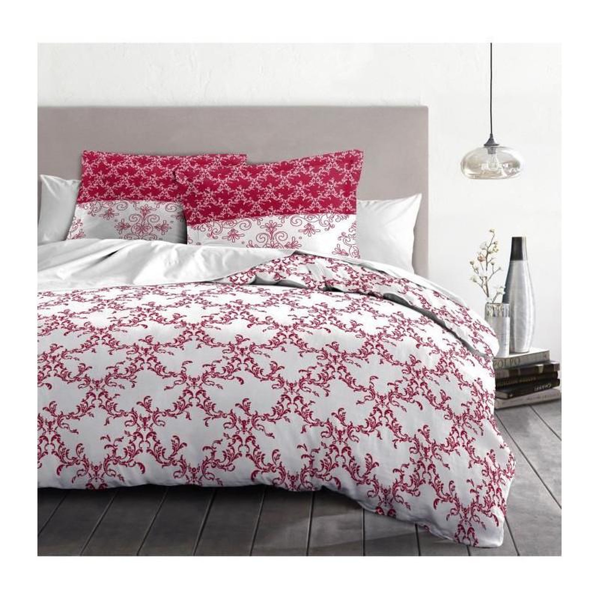 Voir la diapositive 3 : HOME LINGE PASSION Parure de couette 240x260 cm HOME LINGE PASSION FRISE : Housse de couette + 2 taies d'oreiller - 100% Coton 57 Fils - Bordeaux