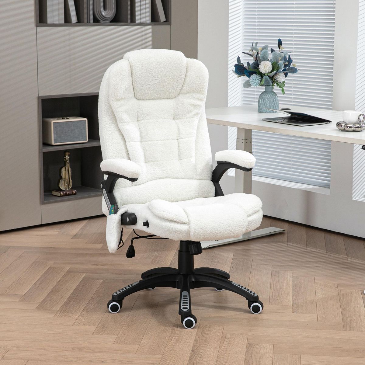 VINSETTO Fauteuil de bureau direction massant chauffant hauteur réglable dossier inclinable effet laine bouclée blanc
