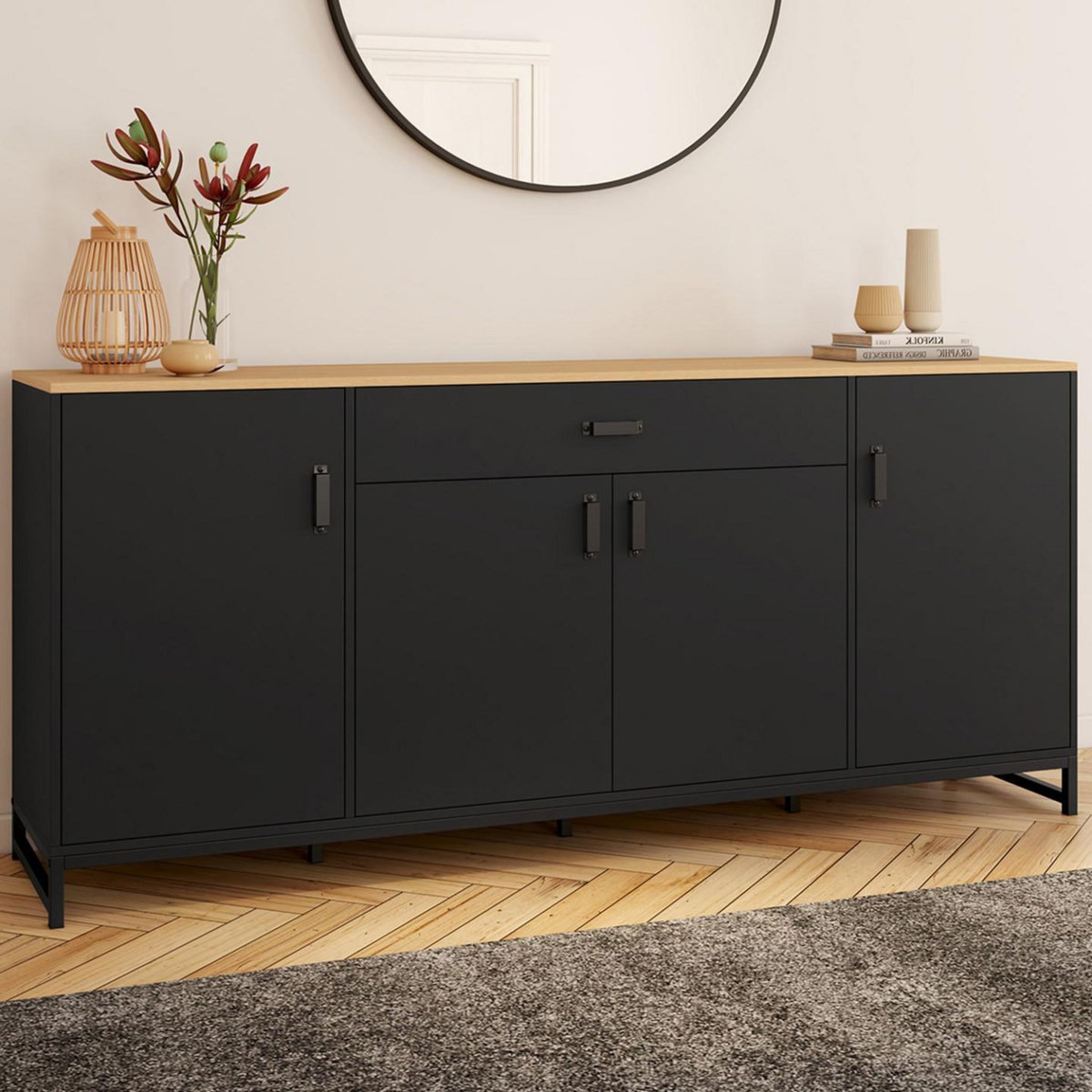 ID MARKET Buffet 180 cm WASHINGTON XXL 4 portes et 1 tiroir bois et noir