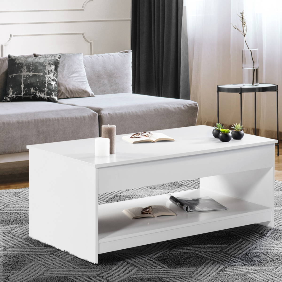 ID MARKET Table basse rectangulaire plateau relevable SOA bois blanc