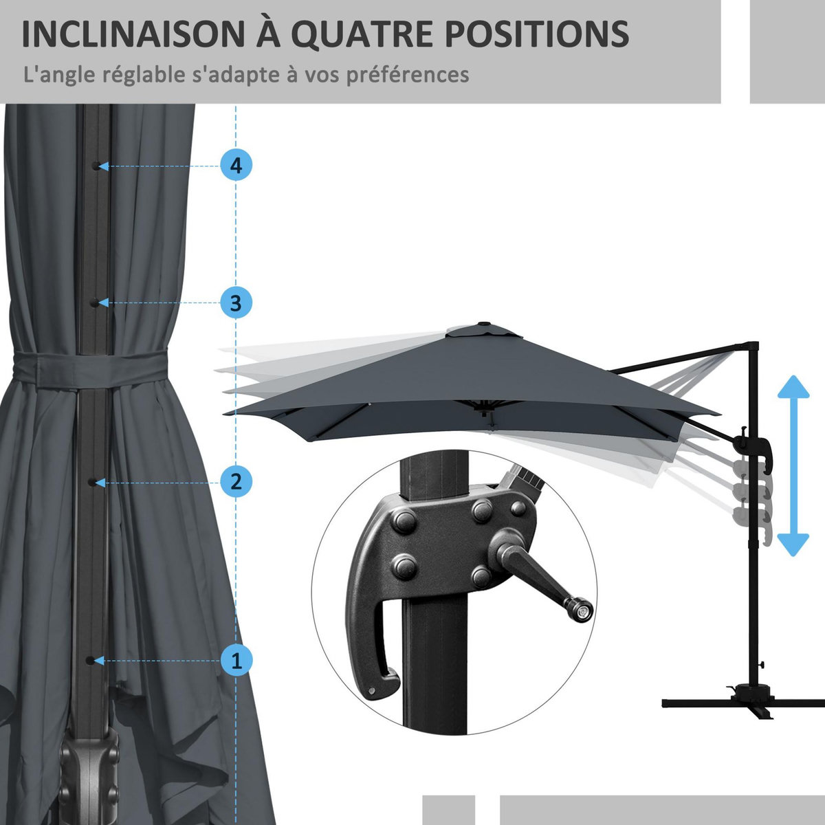 OUTSUNNY Parasol déporté carré inclinable pivotant 360° manivelle piètement acier dim. 2,95L x 2,95l x 2,66H m gris