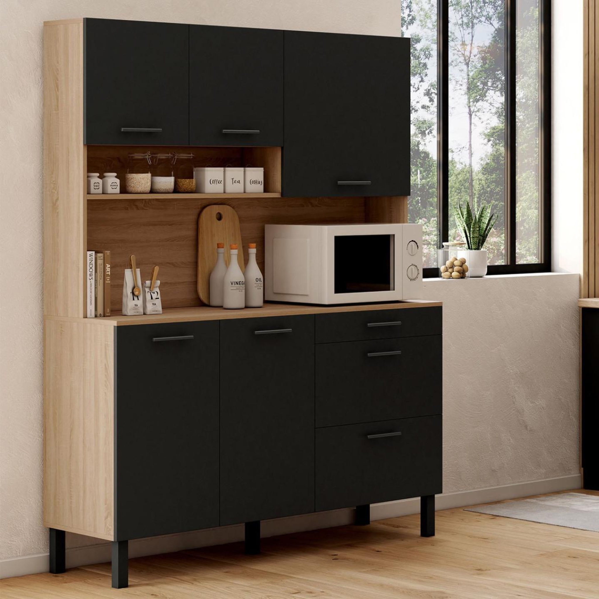 Voir la diapositive 2 : ID MARKET Buffet casserolier de cuisine 140 cm cina 5 portes + 3 tiroirs façon hêtre et noir
