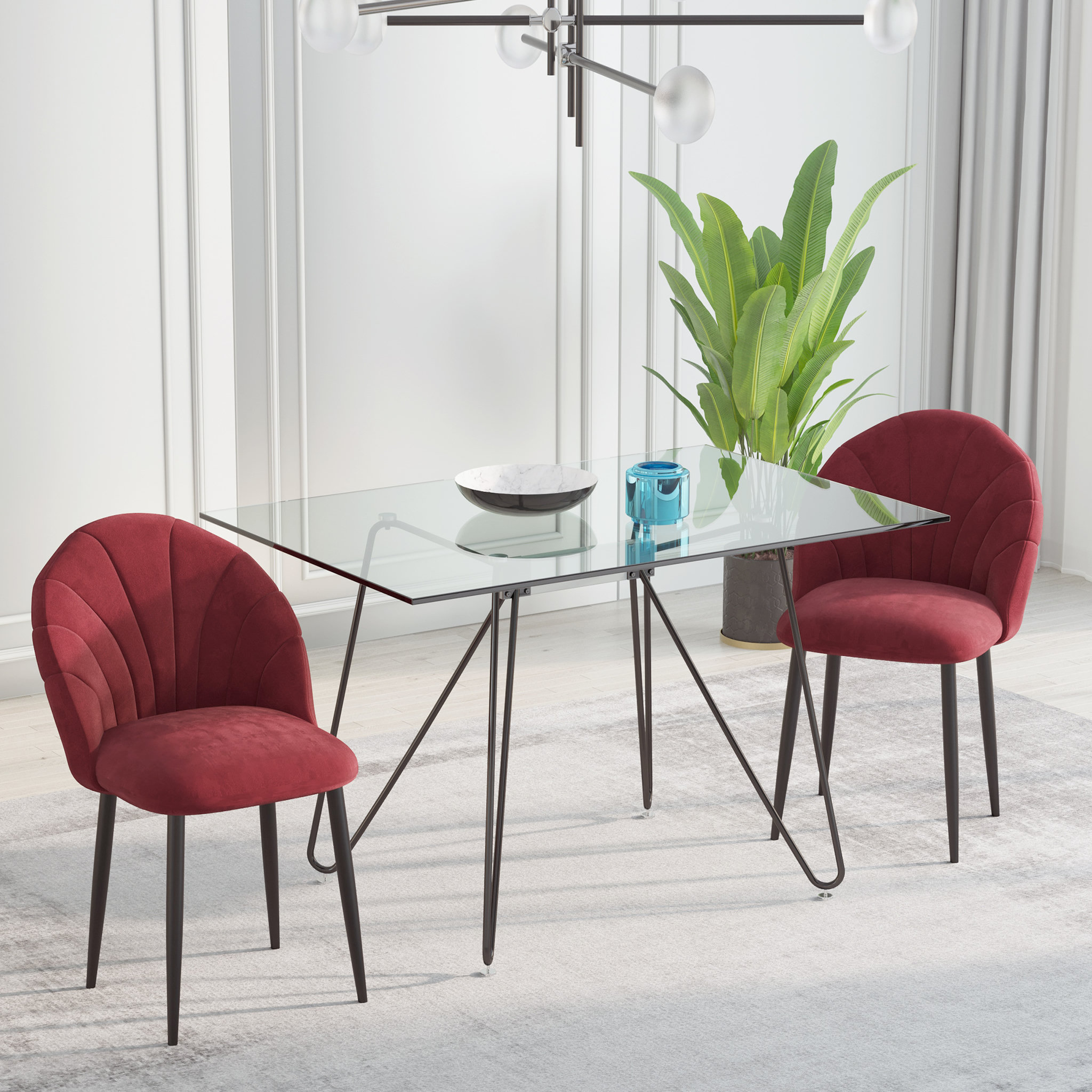Voir la diapositive 2 : HOMCOM Lot de 2 chaises velours bordeaux pieds métal noir dim. 52L x 54l x 79H cm