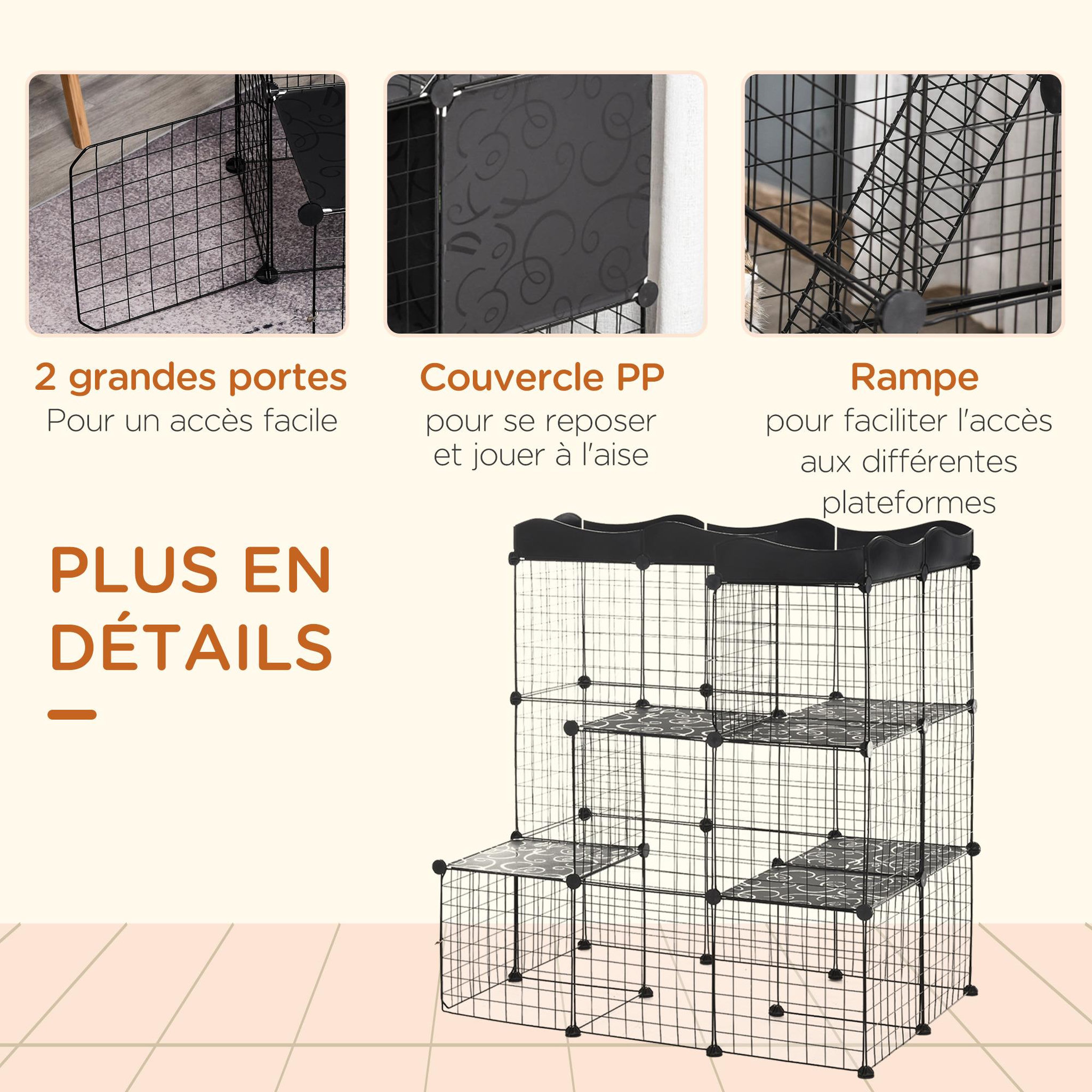 Voir la diapositive 5 : PAWHUT Cage parc enclos chat modulable dim. L105 x l70 x h105 cm 3 niveaux 2 portes rampe plateformes pe motif graphique fil métallique noir