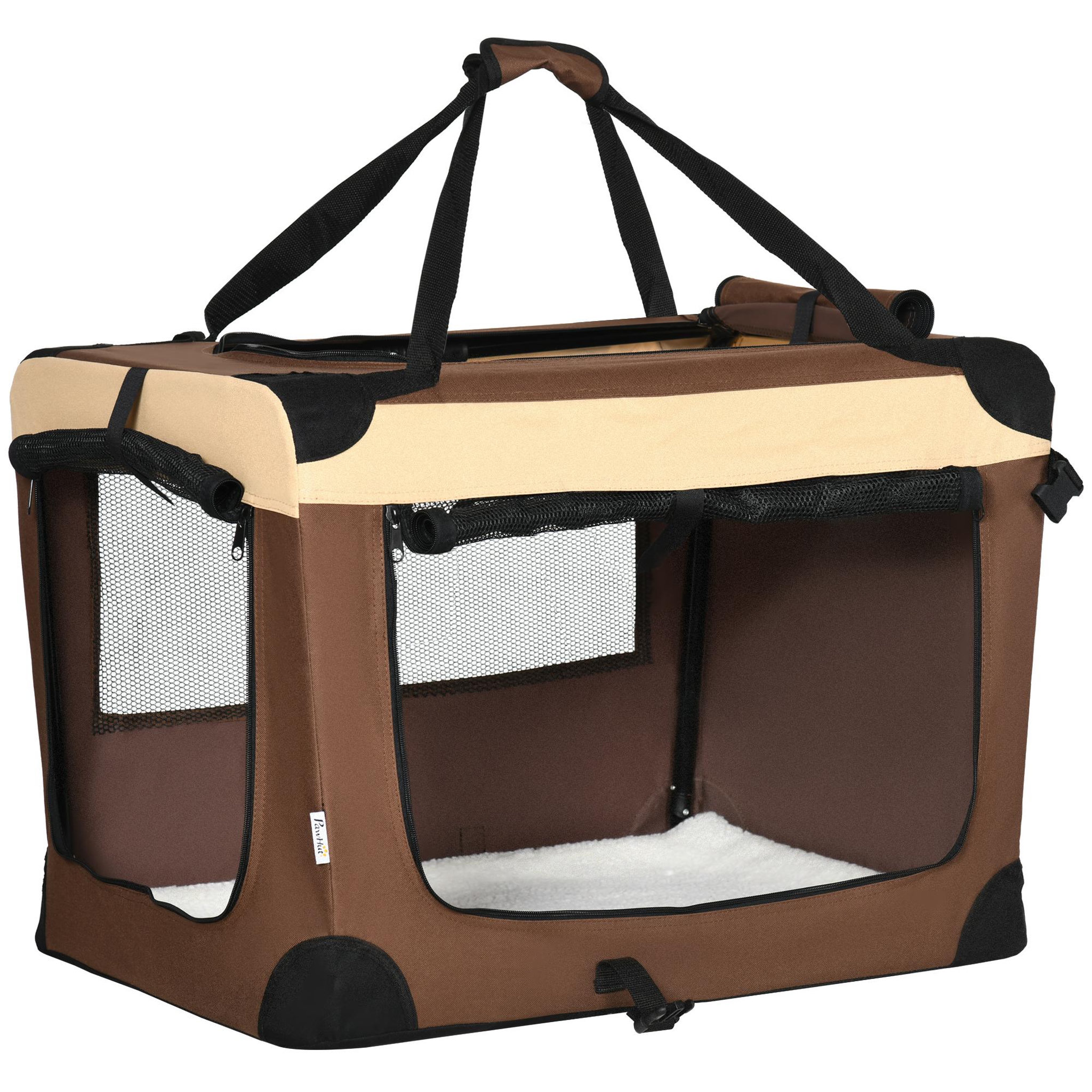 Voir la diapositive 1 : PAWHUT Sac de transport pour chien et chat pliable - poignée, 3 entrées zippées, poche - coussin amovible inclus - acier oxford polyester marron noir