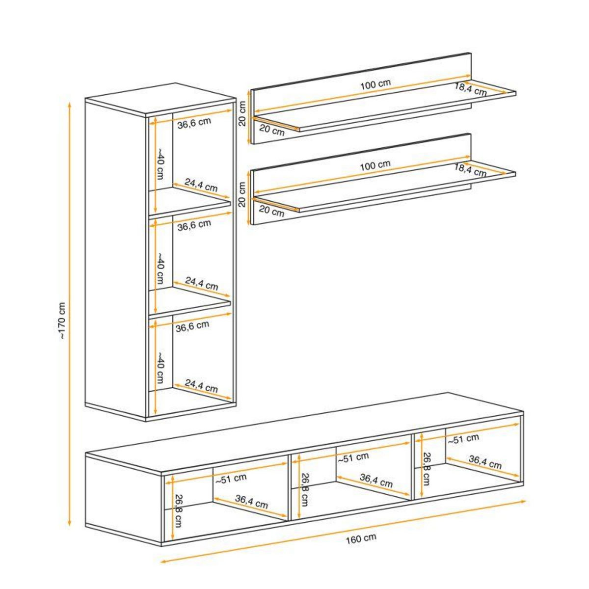 Paris Prix Meuble TV Mural Design  Fly I  170cm Noir & Blanc