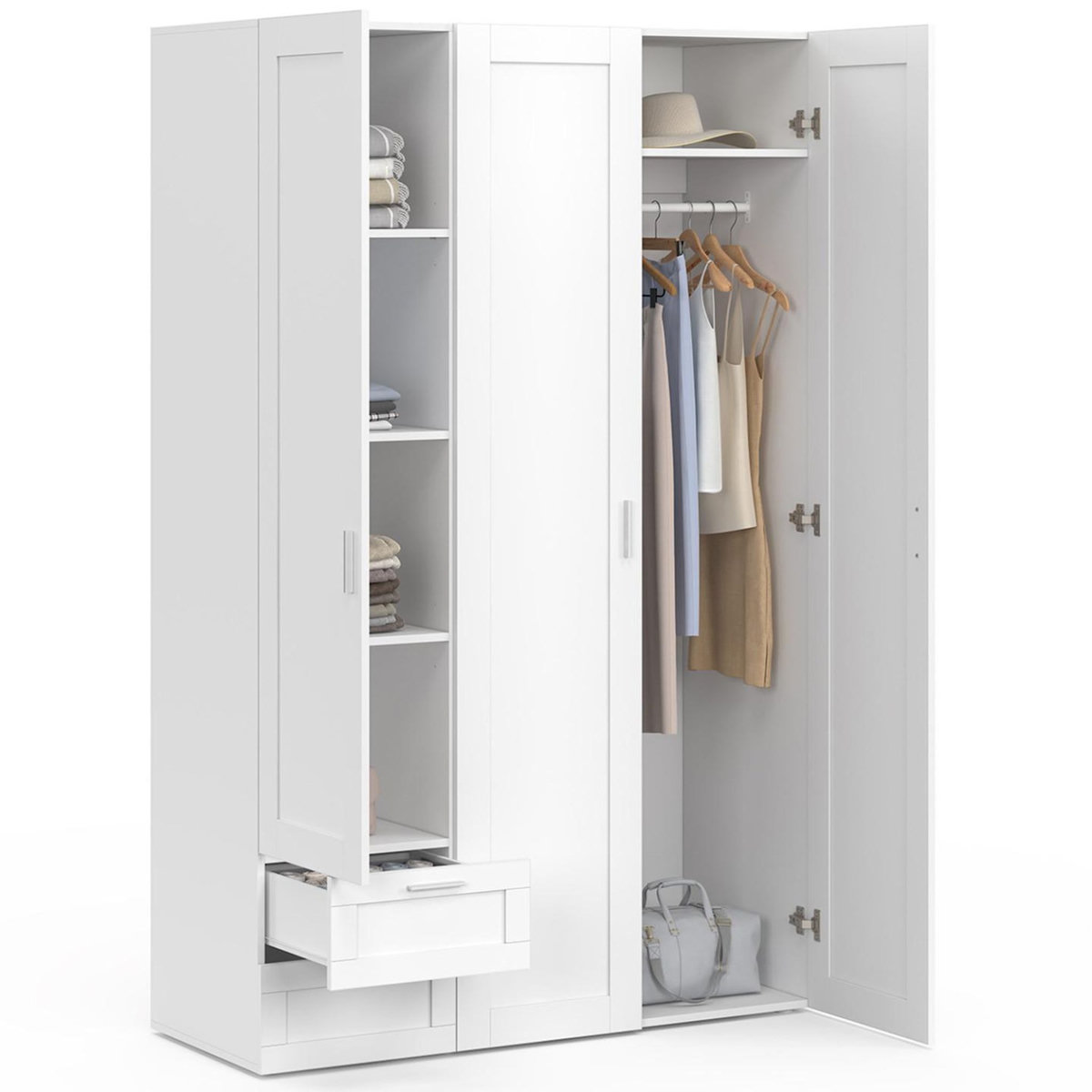 ID MARKET Armoire 3 portes VITO blanc penderie 120 cm avec 2 tiroirs et étagères
