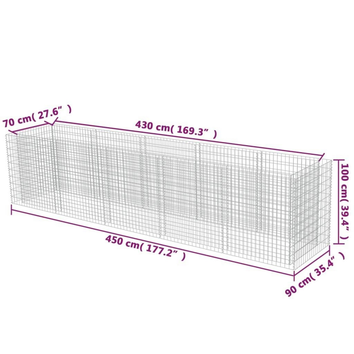 VIDAXL Lit sureleve a gabion Acier galvanise 450x90x100 cm