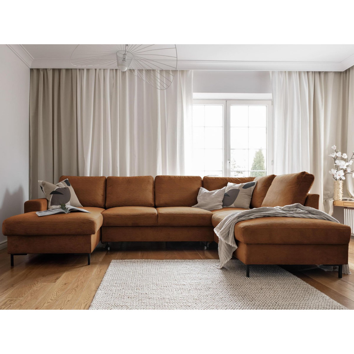 BEST MOBILIER Lilly - canapé panoramique d'angle droit - 7 places - convertible avec coffre - en velours côtelé